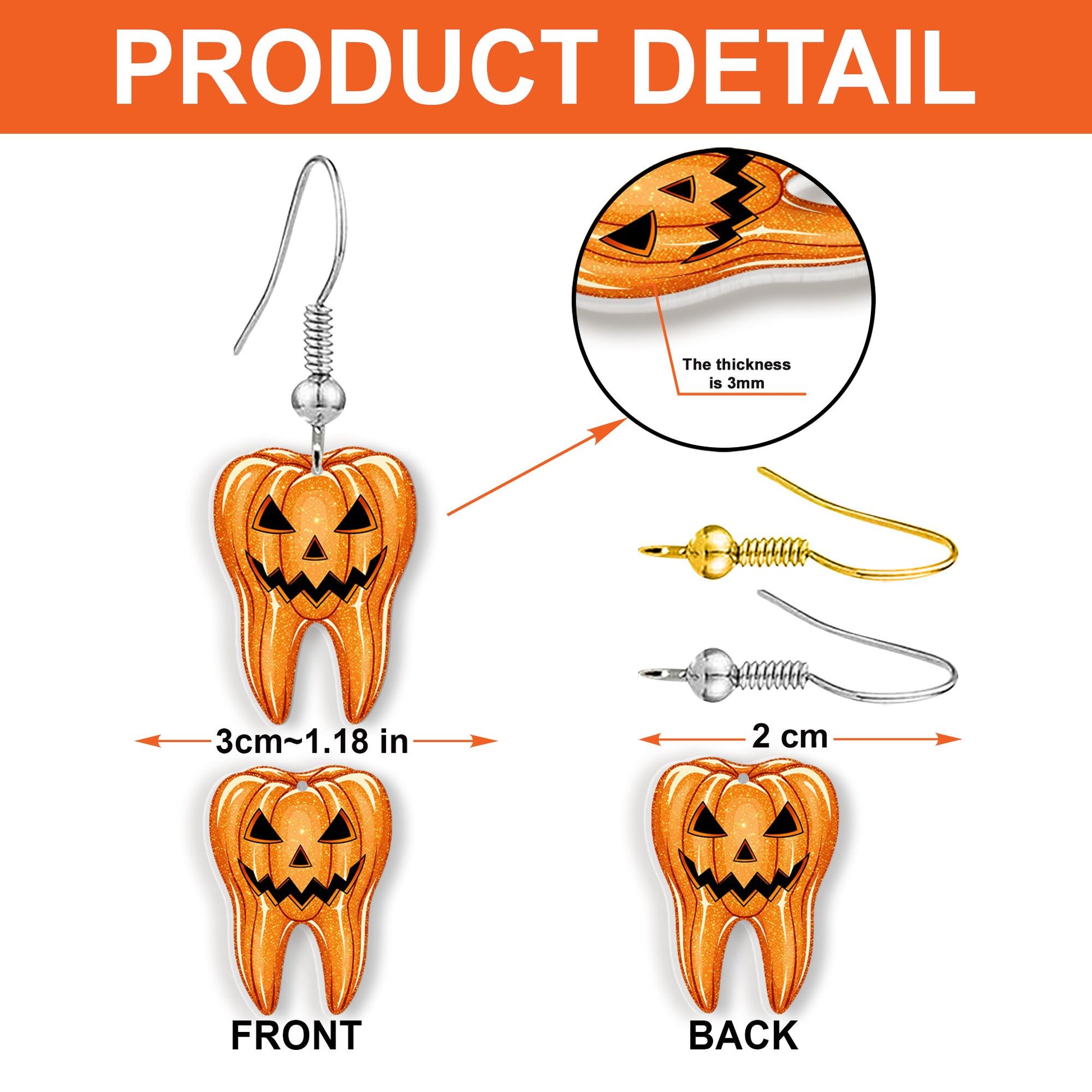 Halloween Tooth Earrings – Pumpkin Jack-O’-Lantern Dangle Earrings for Dentists, Hygienists & Spooky Season Style