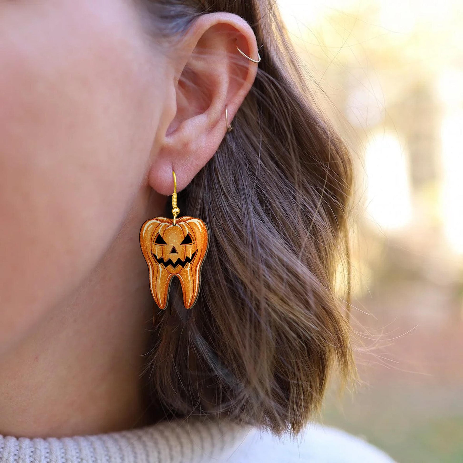 Halloween Tooth Earrings – Pumpkin Jack-O’-Lantern Dangle Earrings for Dentists, Hygienists & Spooky Season Style
