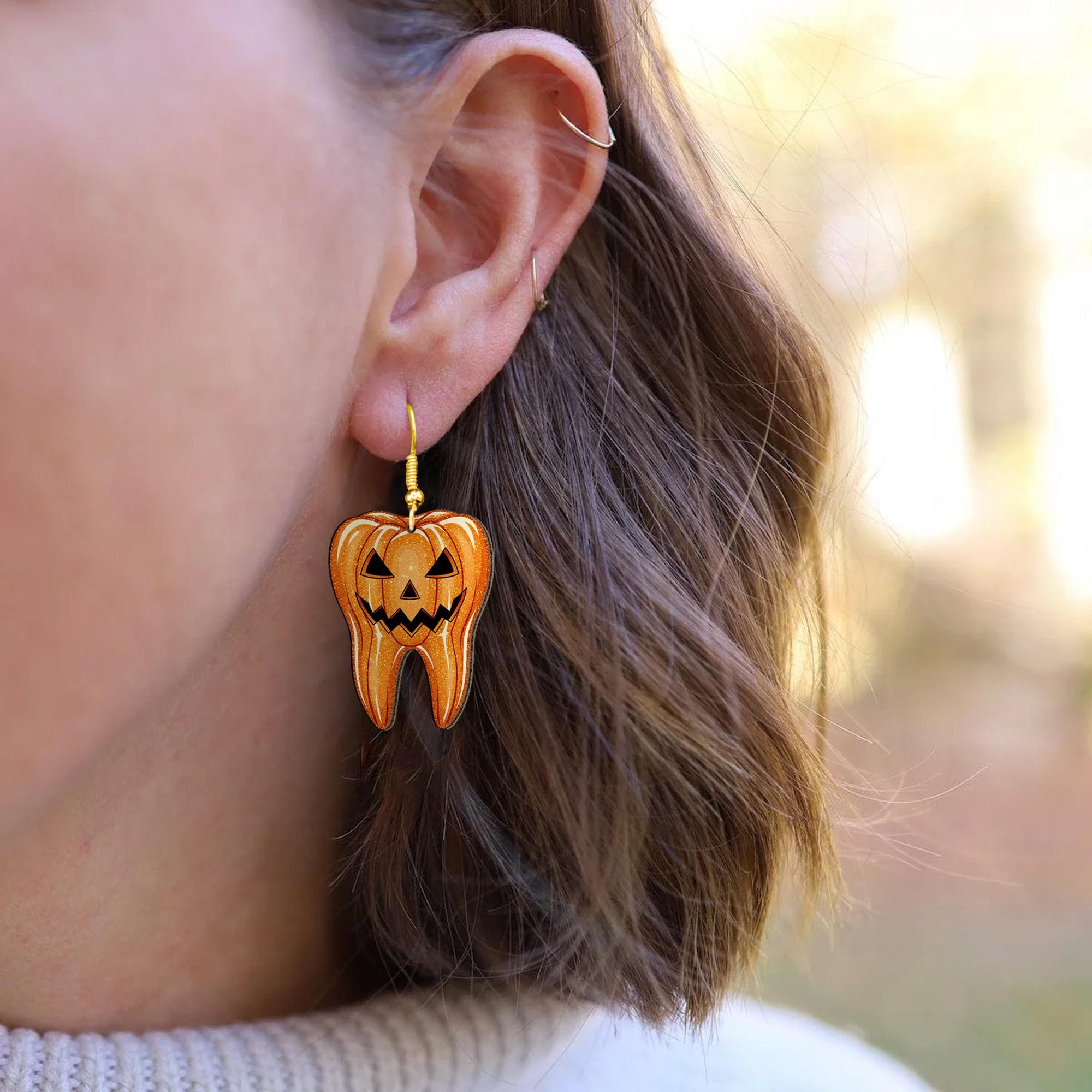 Halloween Tooth Earrings – Pumpkin Jack-O’-Lantern Dangle Earrings for Dentists, Hygienists & Spooky Season Style