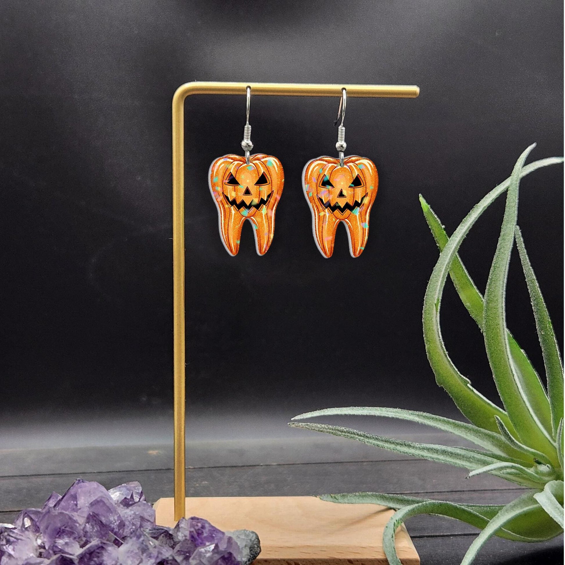 Halloween Tooth Earrings – Pumpkin Jack-O’-Lantern Dangle Earrings for Dentists, Hygienists & Spooky Season Style