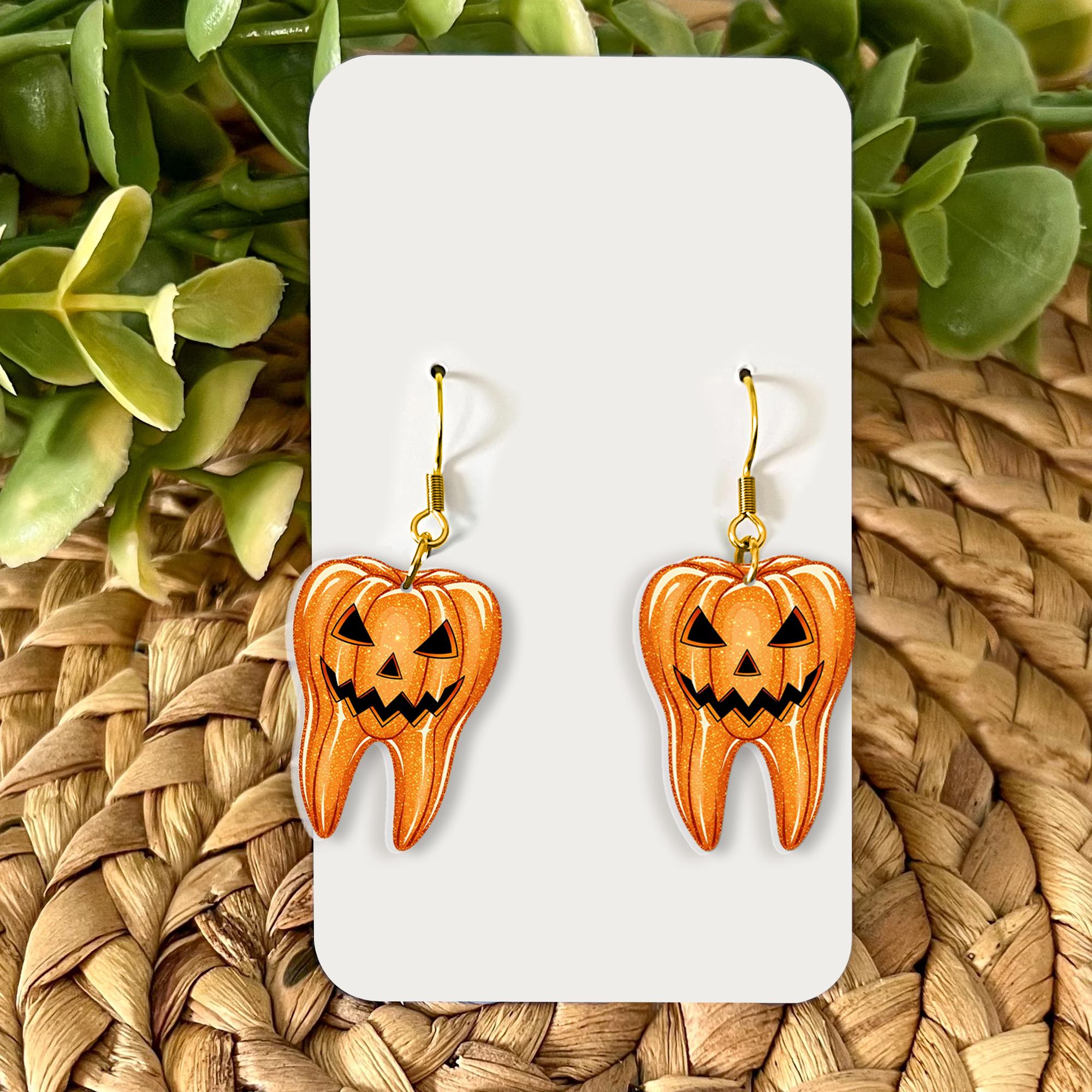 Halloween Tooth Earrings – Pumpkin Jack-O’-Lantern Dangle Earrings for Dentists, Hygienists & Spooky Season Style