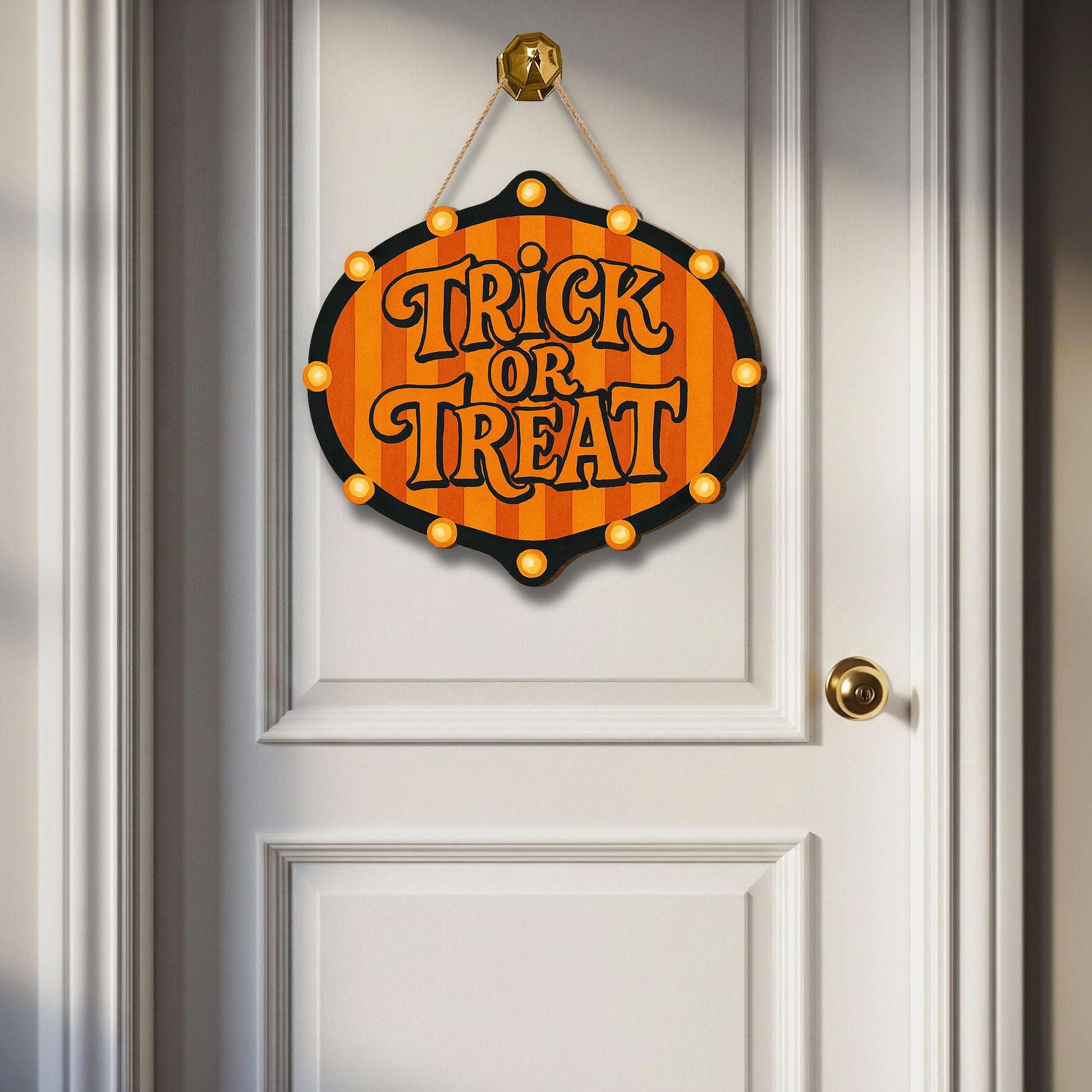 Trick or Treat Door Sign – Light-Up Halloween Hanging Decor for Porch, Front Door, or Indoor Wall Display