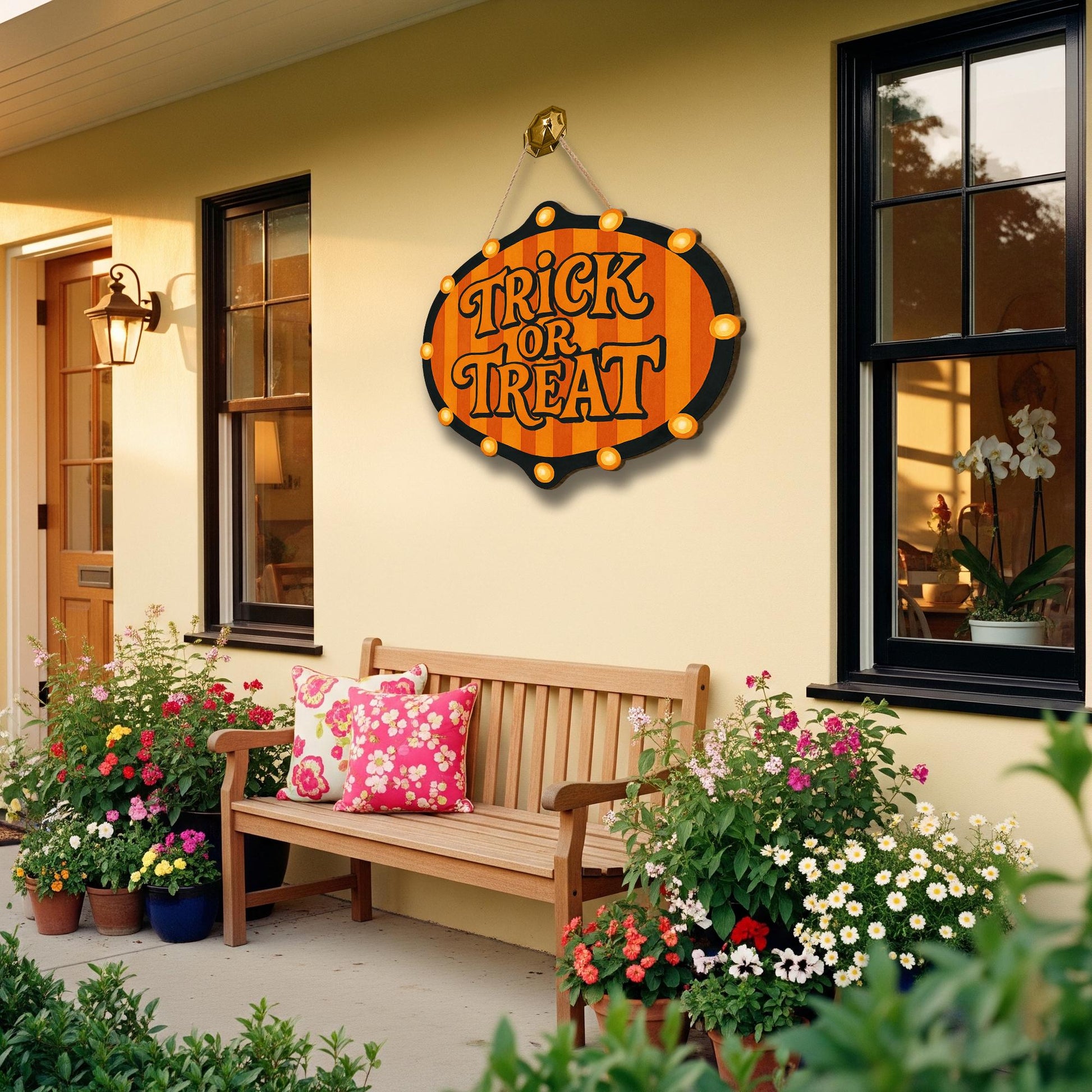 Trick or Treat Door Sign – Light-Up Halloween Hanging Decor for Porch, Front Door, or Indoor Wall Display