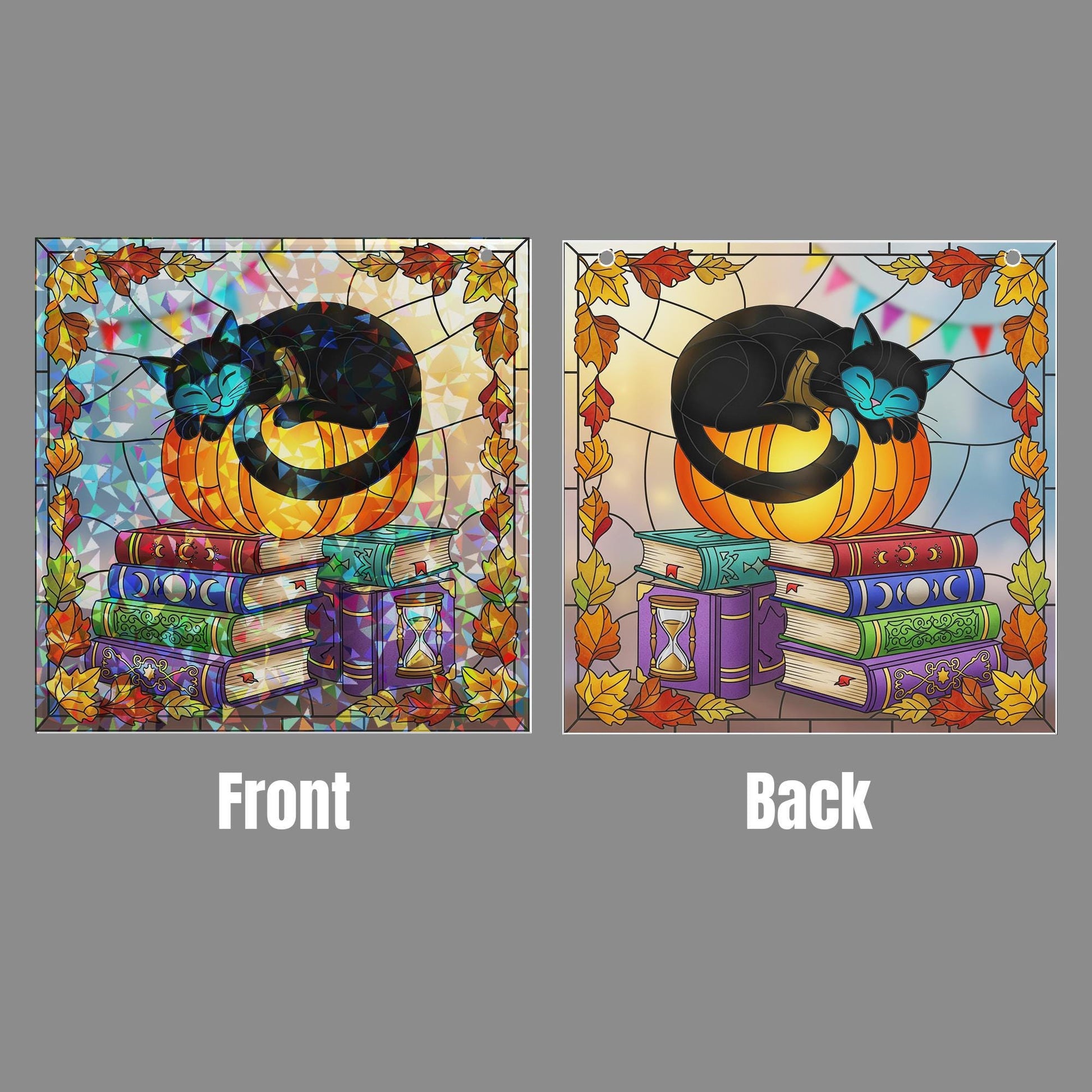 Black Cat Pumpkin Hologram, Fall Bookshelf Window Art, Cozy Autumn Cat Decor, Witchy Book Stack Glass Panel, Halloween Gift