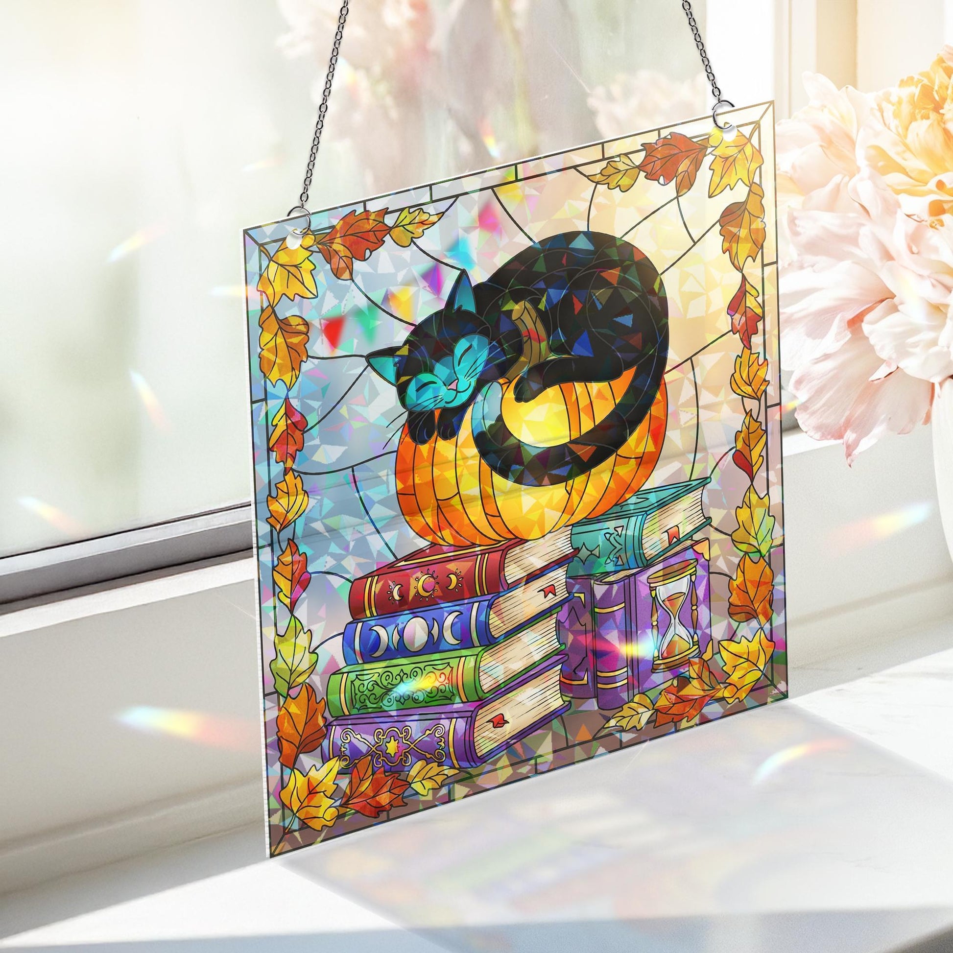 Black Cat Pumpkin Hologram, Fall Bookshelf Window Art, Cozy Autumn Cat Decor, Witchy Book Stack Glass Panel, Halloween Gift