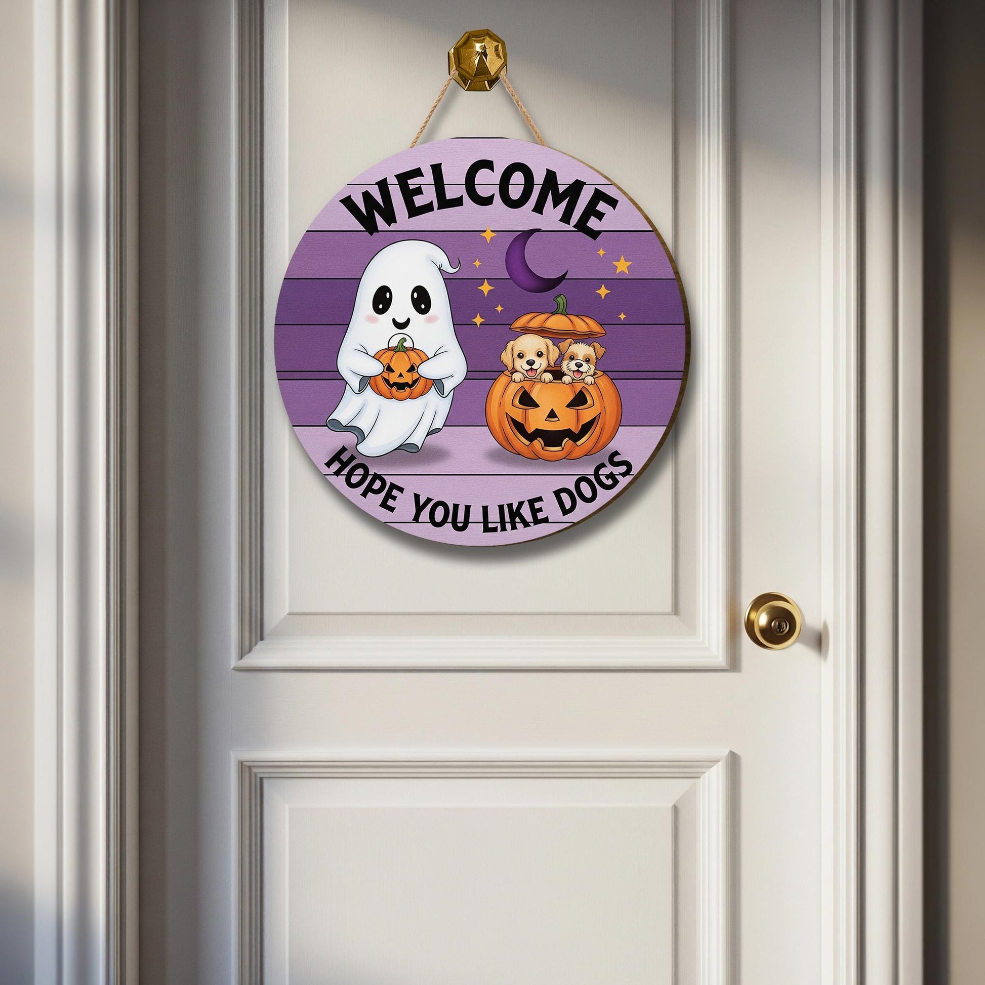Halloween Dog Door Hanger, Welcome Hope You Like Dogs Sign, Ghost and Pumpkin Puppy Decor, Funny Fall Pet Door Sign