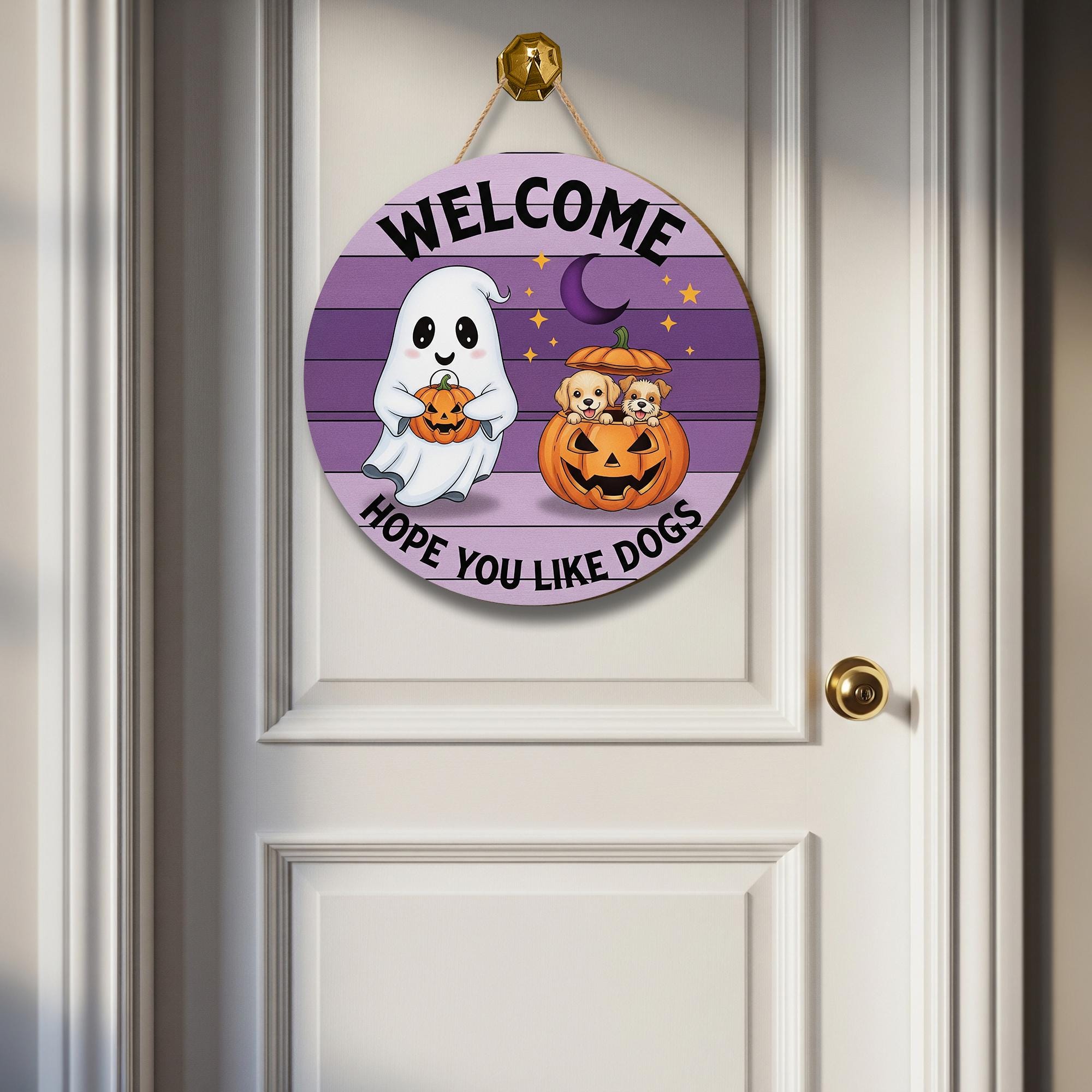 Halloween Dog Door Hanger, Welcome Hope You Like Dogs Sign, Ghost and Pumpkin Puppy Decor, Funny Fall Pet Door Sign