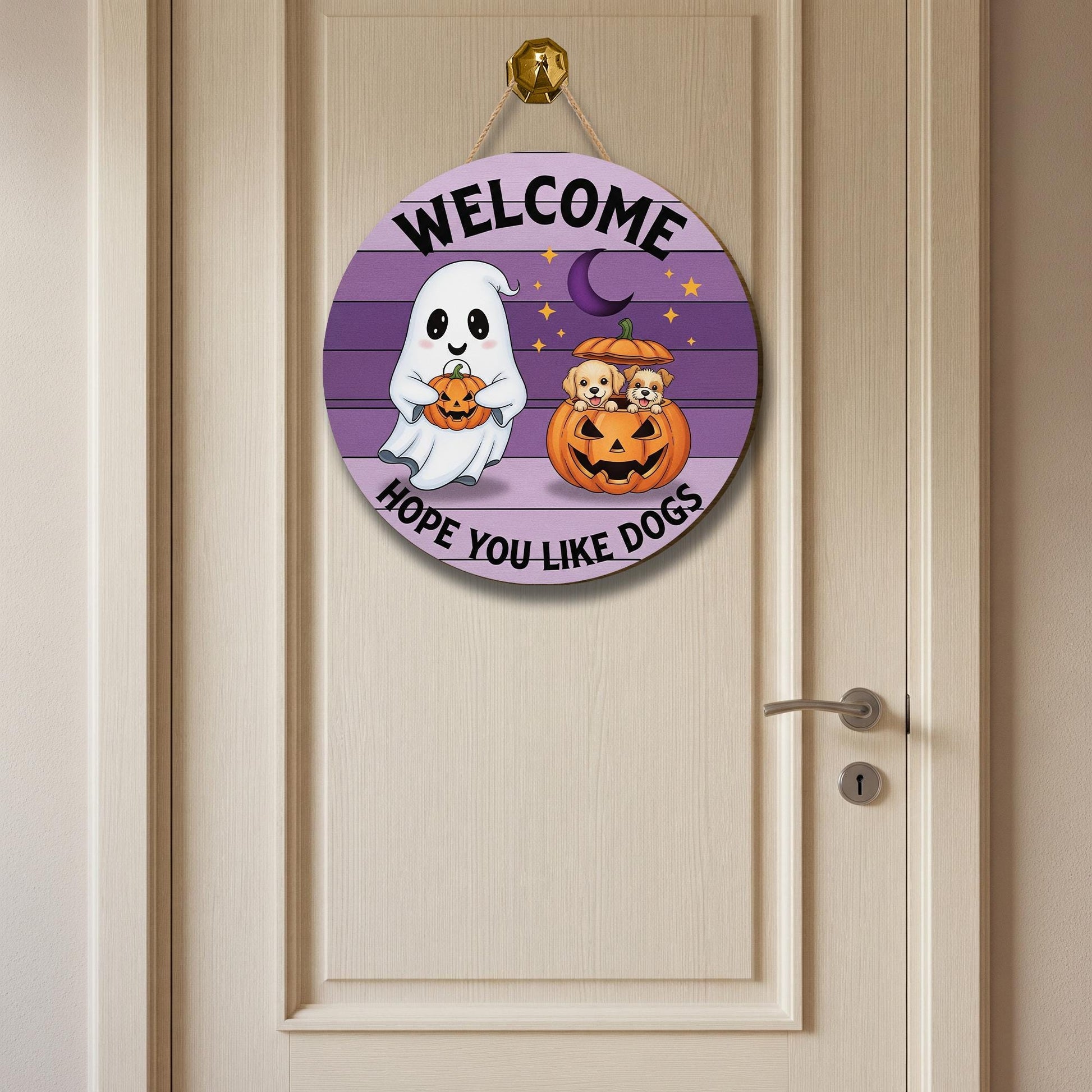 Halloween Dog Door Hanger, Welcome Hope You Like Dogs Sign, Ghost and Pumpkin Puppy Decor, Funny Fall Pet Door Sign