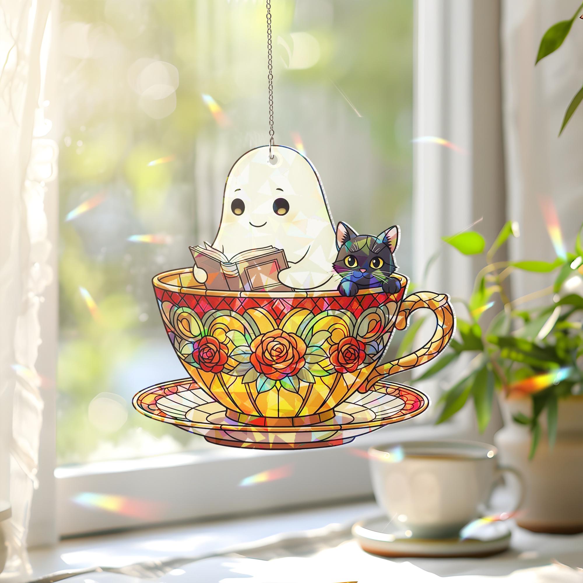 Ghost Cat Teacup Suncatcher, Cute Halloween Window Decor, Holographic Ghost Ornament, Cozy Tea Lover Gift, Fall Cat Sun Catcher