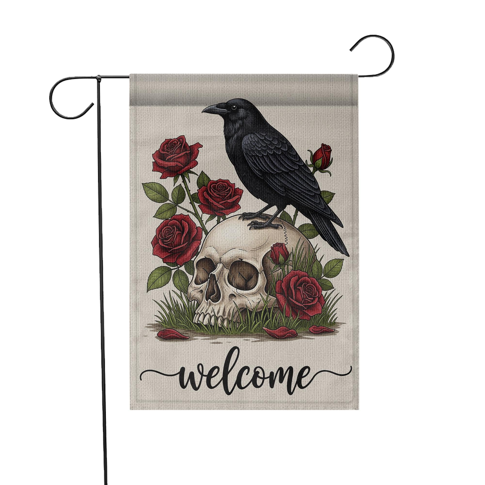 Gothic Garden Flag with Raven and Skull, Red Rose Welcome Yard Sign, Dark Floral Outdoor Decor, Spooky Fall Lawn Flag