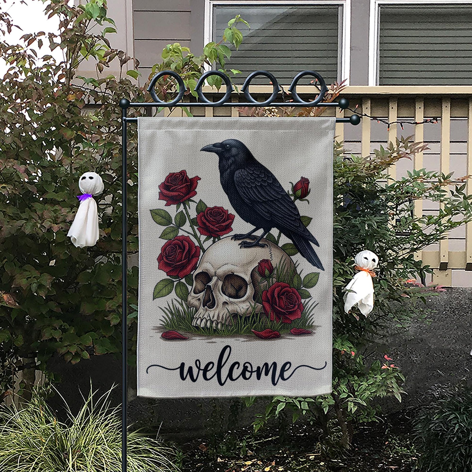 Gothic Garden Flag with Raven and Skull, Red Rose Welcome Yard Sign, Dark Floral Outdoor Decor, Spooky Fall Lawn Flag