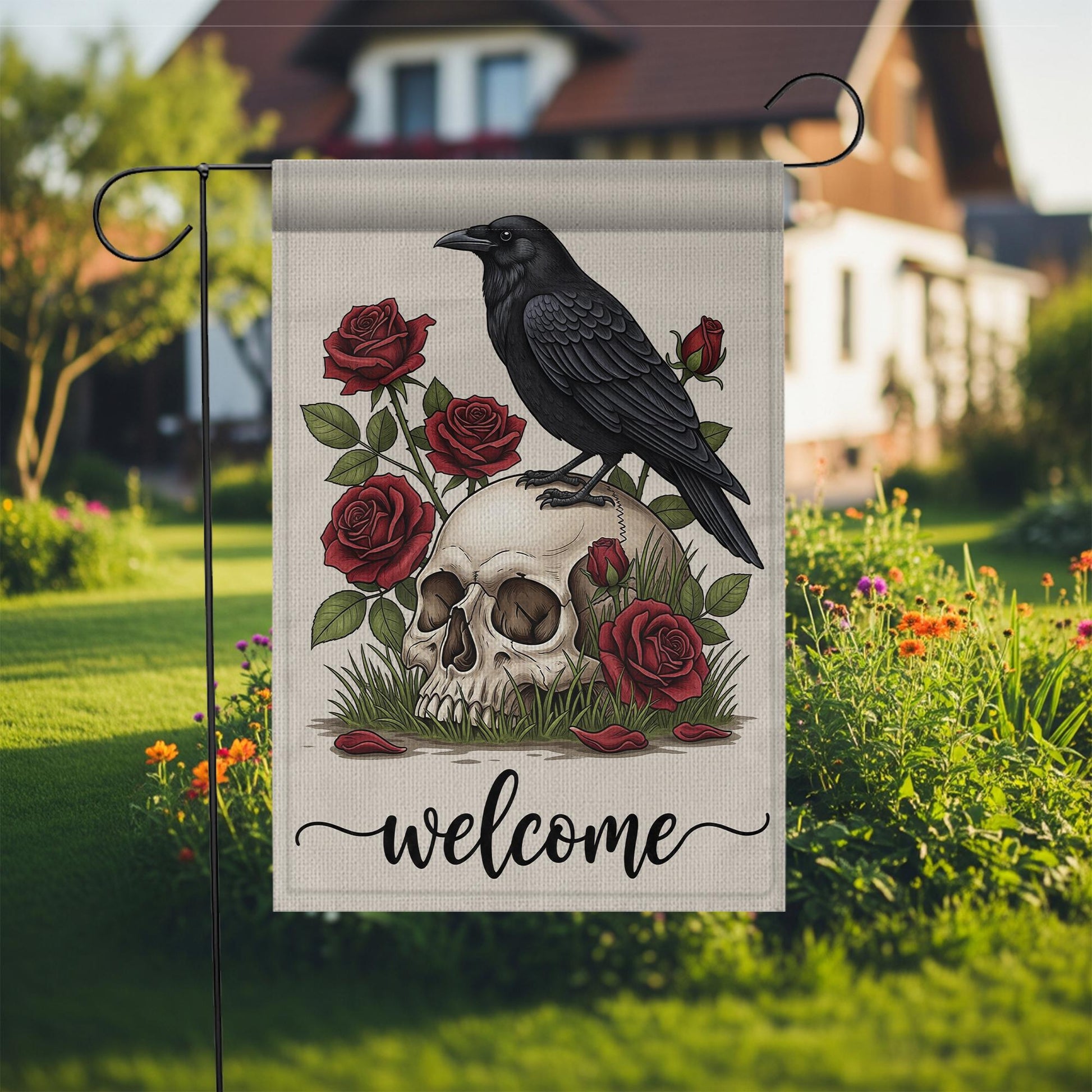 Gothic Garden Flag with Raven and Skull, Red Rose Welcome Yard Sign, Dark Floral Outdoor Decor, Spooky Fall Lawn Flag