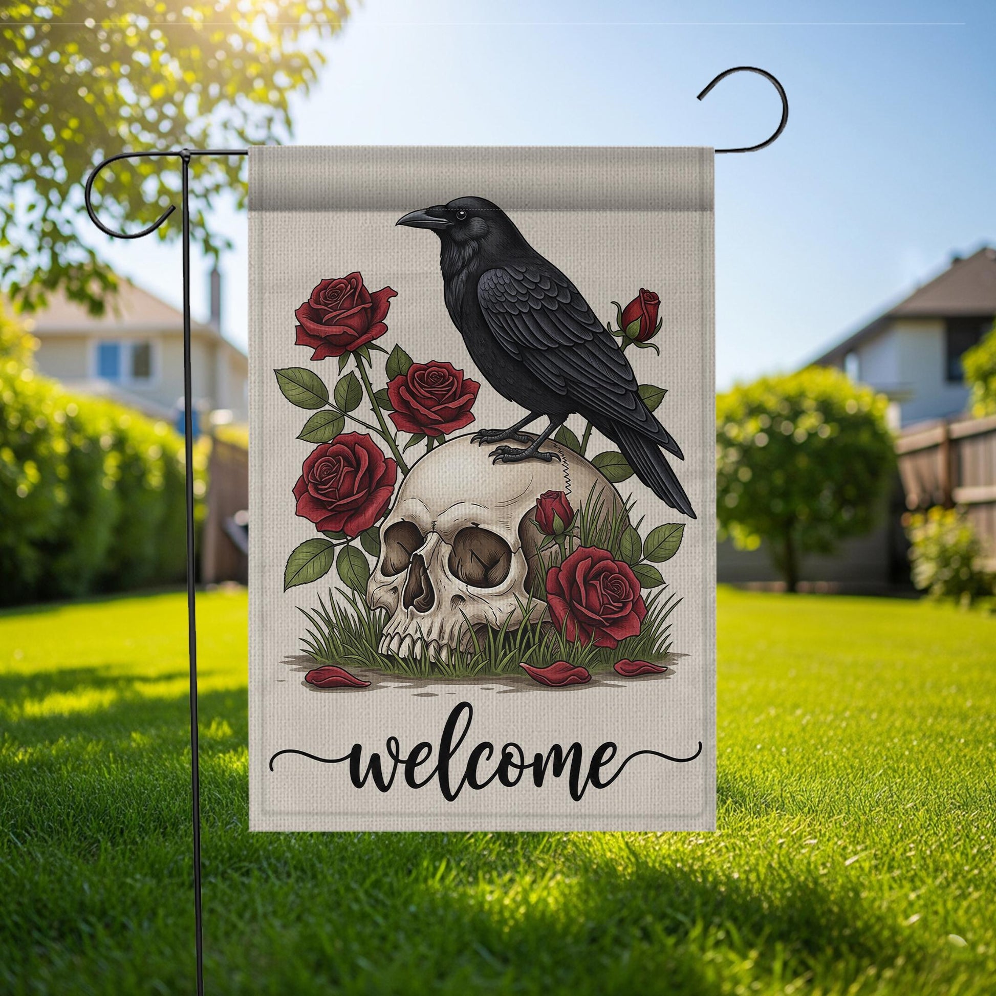 Gothic Garden Flag with Raven and Skull, Red Rose Welcome Yard Sign, Dark Floral Outdoor Decor, Spooky Fall Lawn Flag