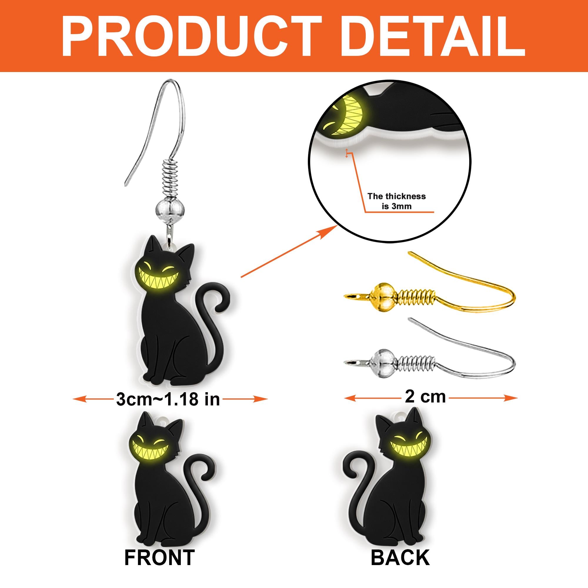 Black Cat Earrings with Creepy Smile, Halloween Acrylic Dangle Earrings, Spooky Cat Jewelry, Cute Goth Cat Earrings, Fall Accessory