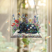Black Cat Faux Stained Glass Window Hanging – Floral Holographic Suncatcher with Book, Butterfly & Nature Decor, Cat Lover Gift
