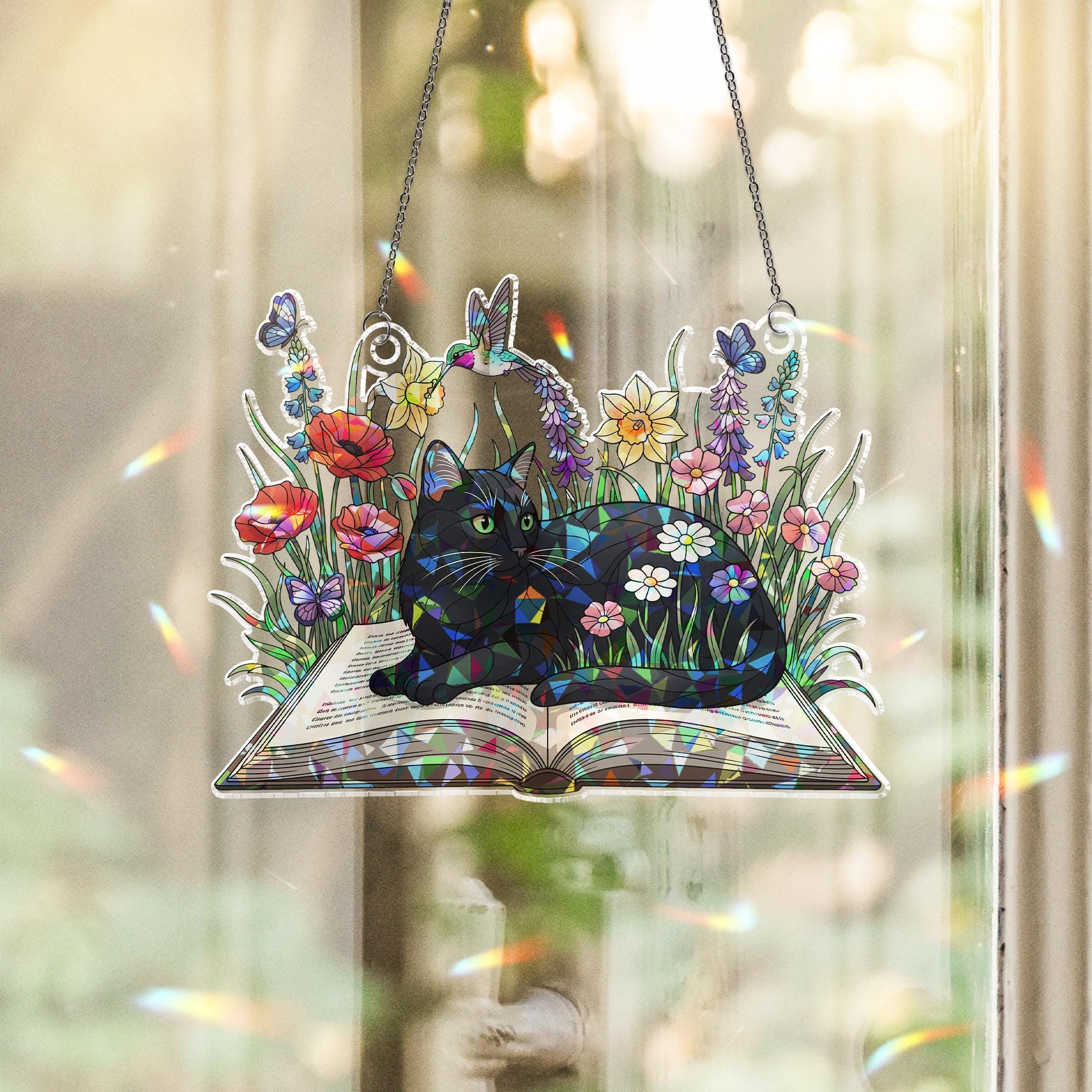 Black Cat Faux Stained Glass Window Hanging – Floral Holographic Suncatcher with Book, Butterfly & Nature Decor, Cat Lover Gift