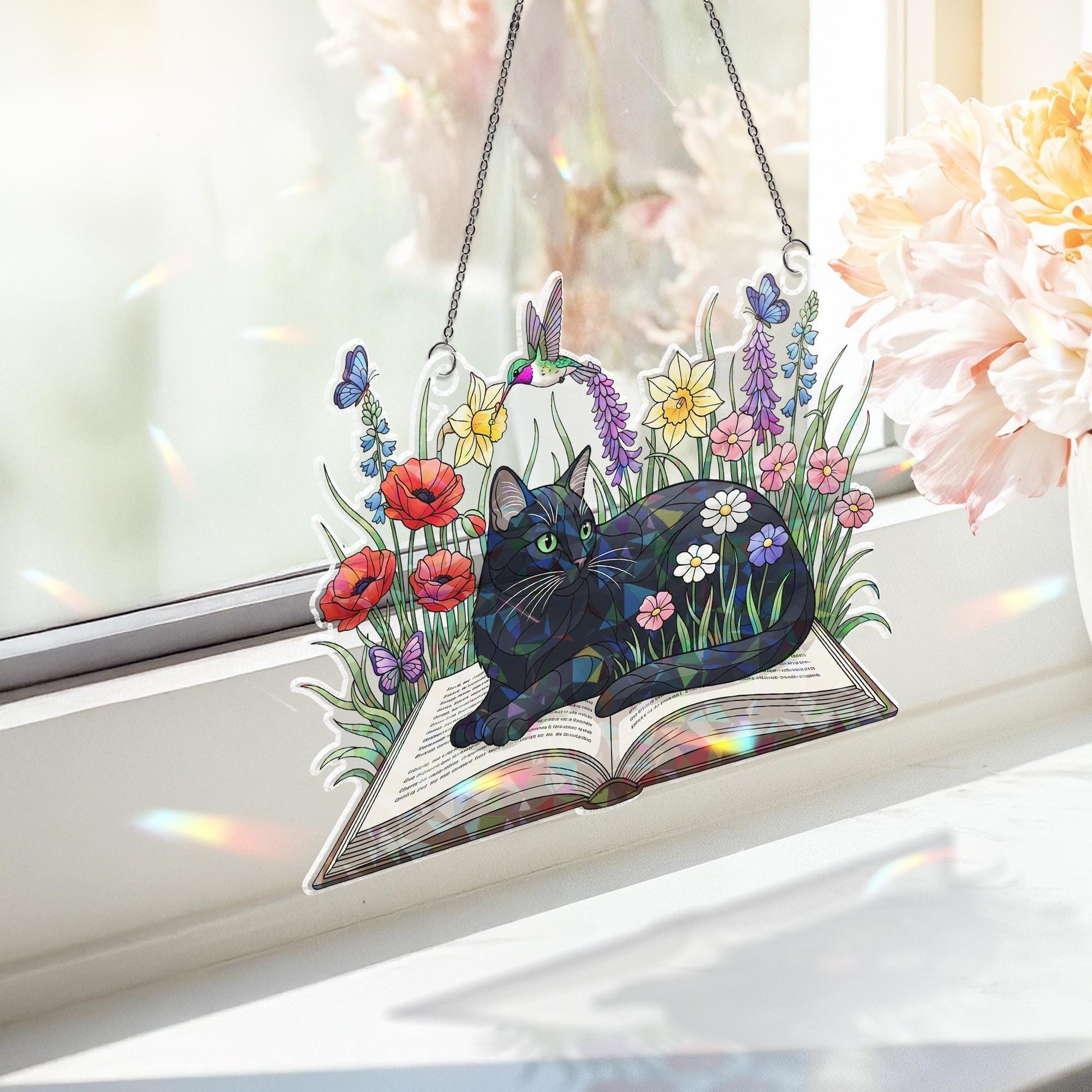 Black Cat Faux Stained Glass Window Hanging – Floral Holographic Suncatcher with Book, Butterfly & Nature Decor, Cat Lover Gift