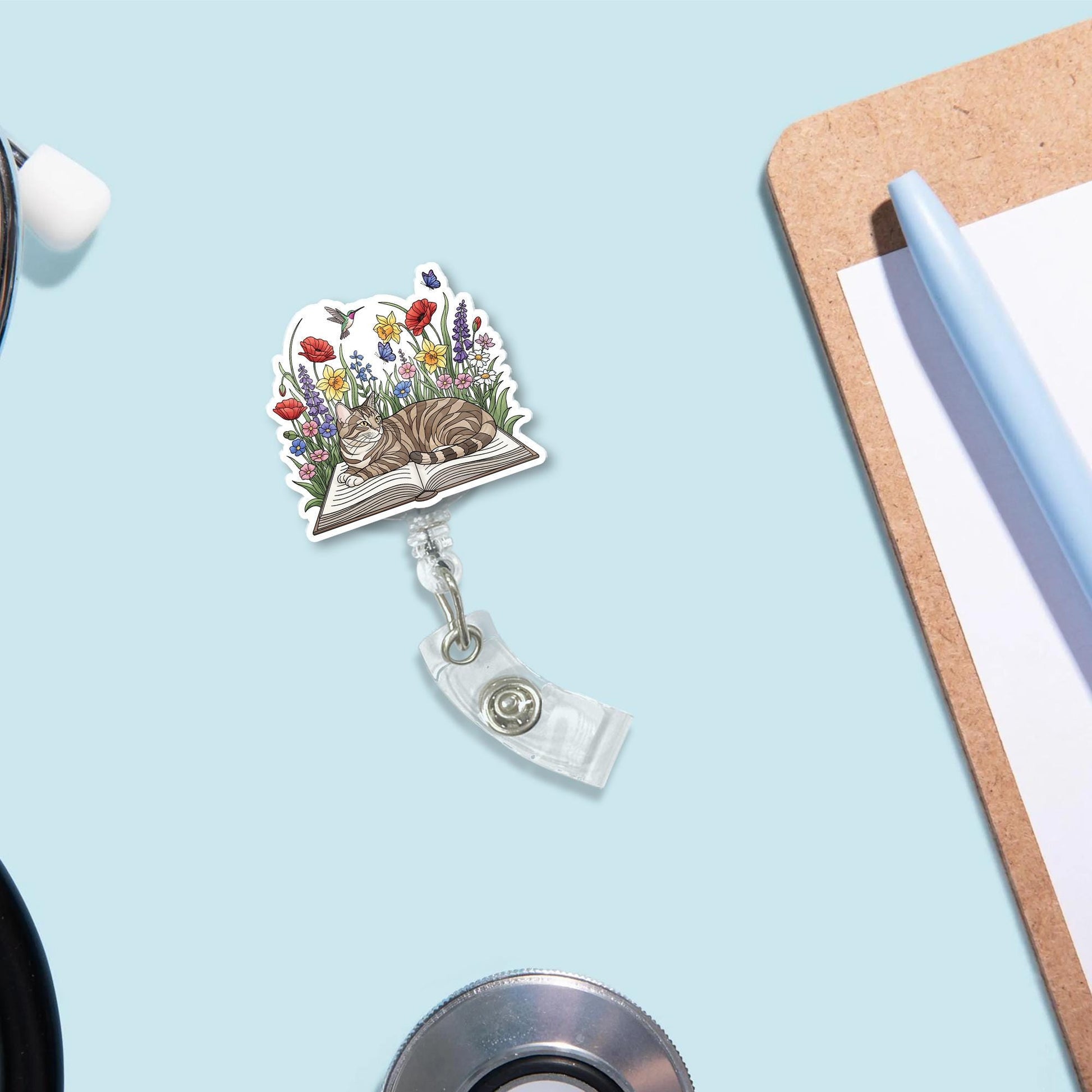 Cat Badge Reel for Book Lovers – Cute Floral Garden Retractable ID Holder, Nurse, Librarian, Teacher Gift, Animal Bookworm Accessory