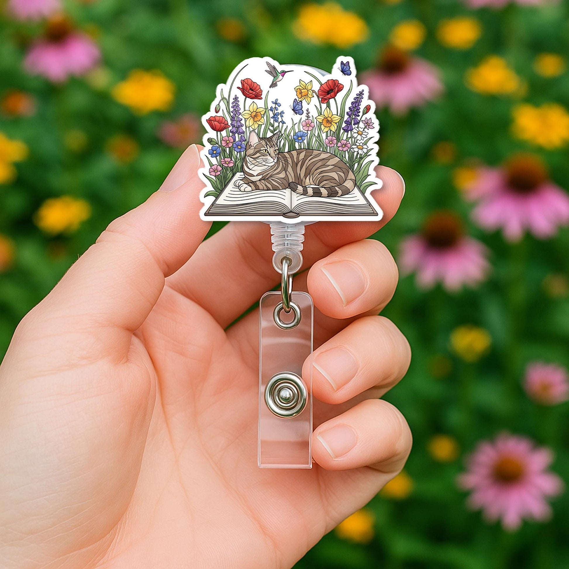 Cat Badge Reel for Book Lovers – Cute Floral Garden Retractable ID Holder, Nurse, Librarian, Teacher Gift, Animal Bookworm Accessory