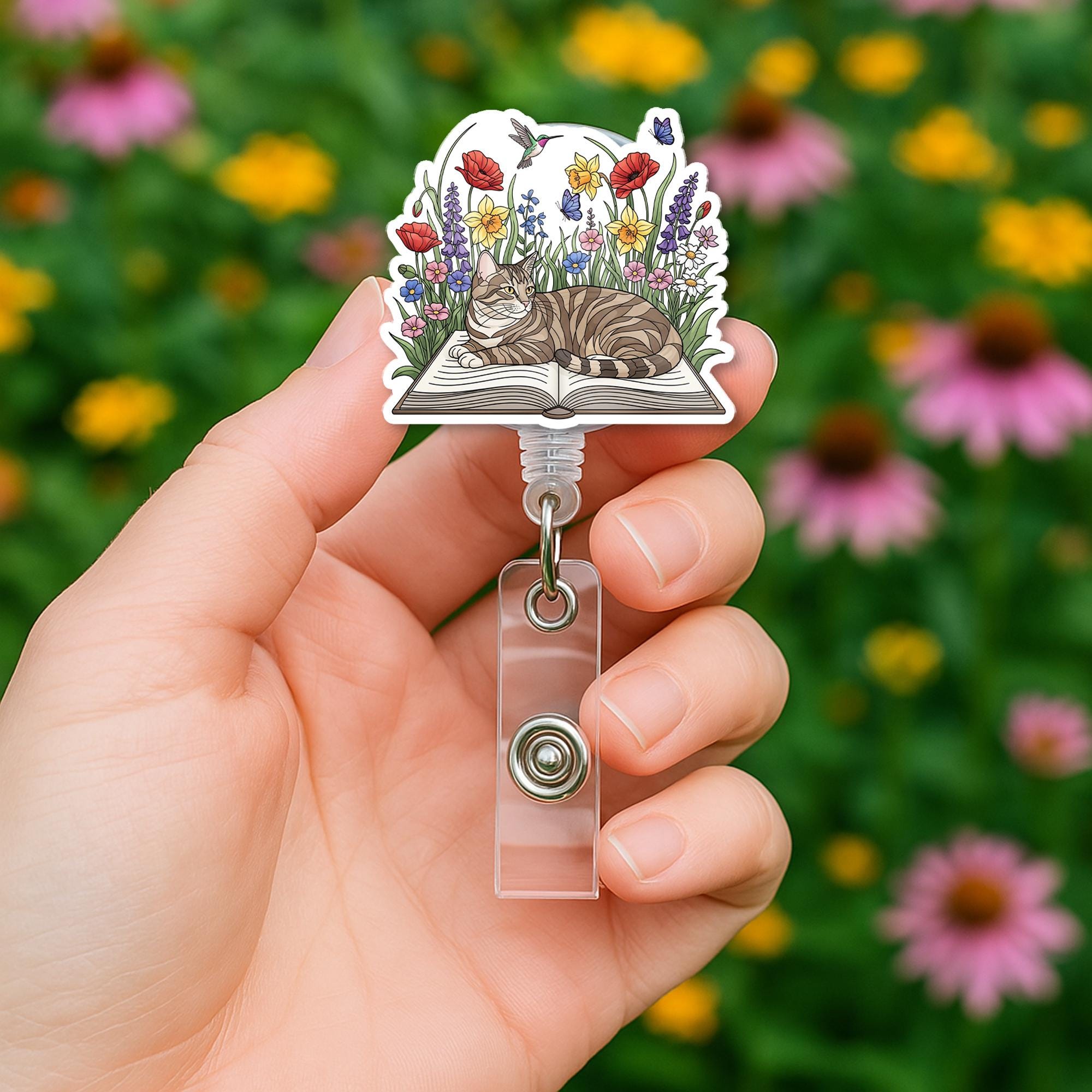 Cat Badge Reel for Book Lovers – Cute Floral Garden Retractable ID Holder, Nurse, Librarian, Teacher Gift, Animal Bookworm Accessory