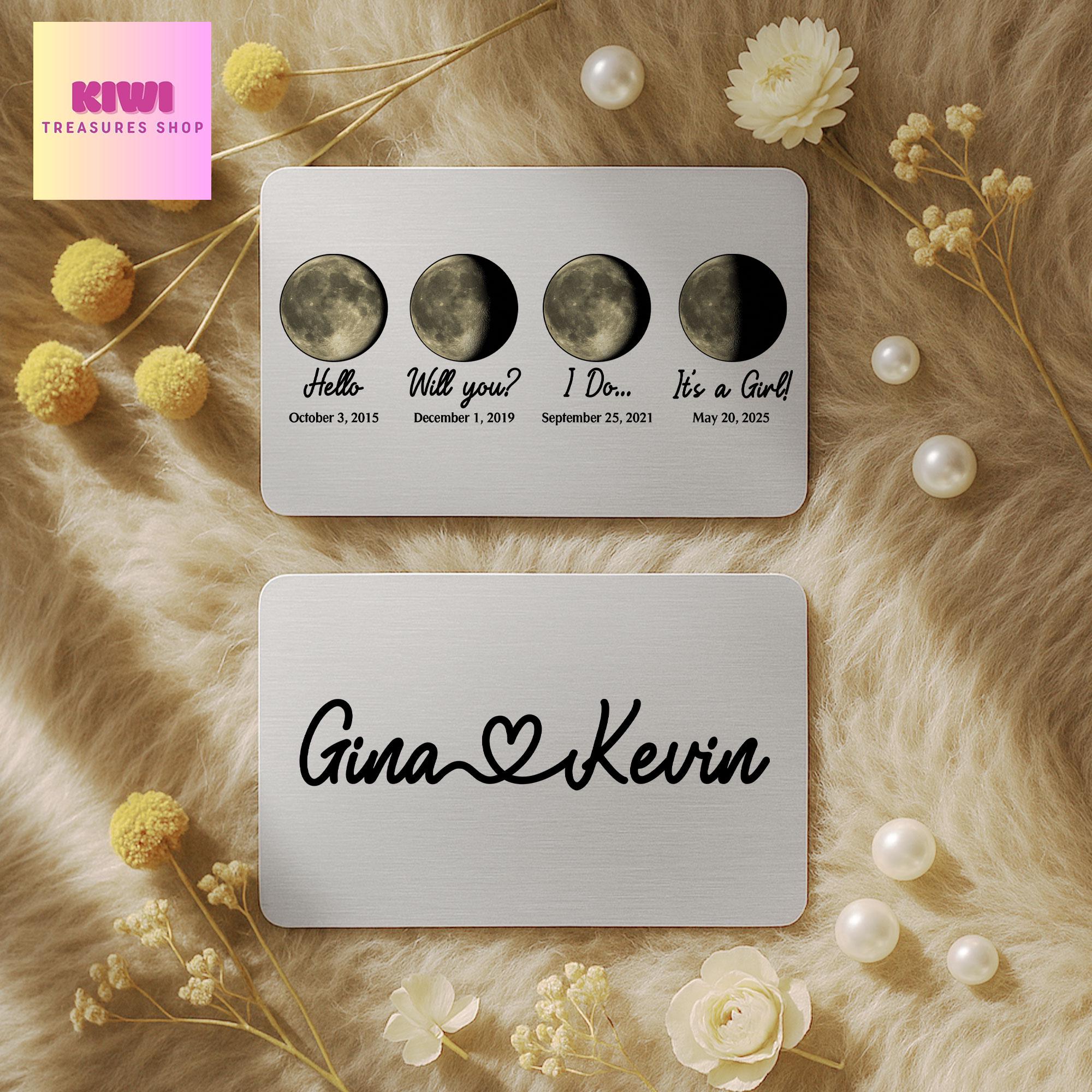 Custom Moon Phase Anniversary Gift, Personalized Wallet Card for Couples, Wedding Date Moon Card, Milestone Keepsake