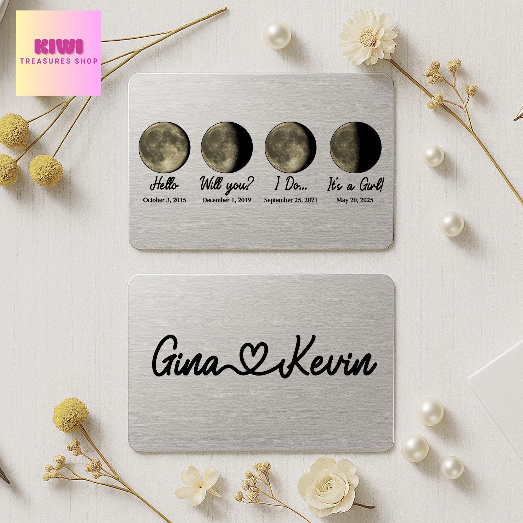 Custom Moon Phase Anniversary Gift, Personalized Wallet Card for Couples, Wedding Date Moon Card, Milestone Keepsake
