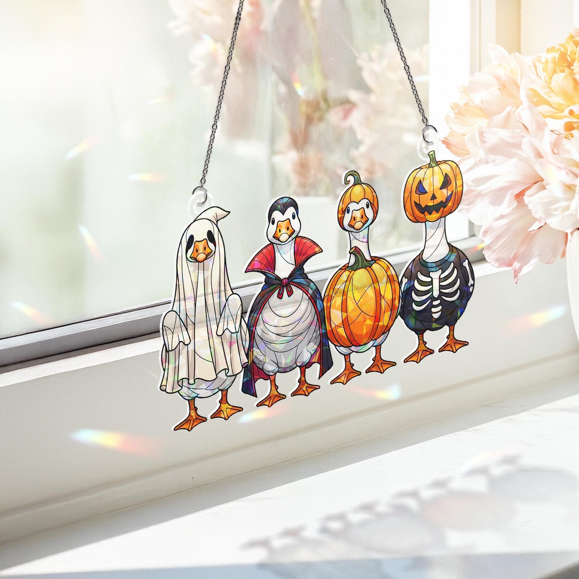 Halloween Goose Hologram Ornament – Cute Geese in Ghost, Pumpkin, Skeleton, Vampire Costumes – Funny Fall Window Charm, Halloween Home Decor