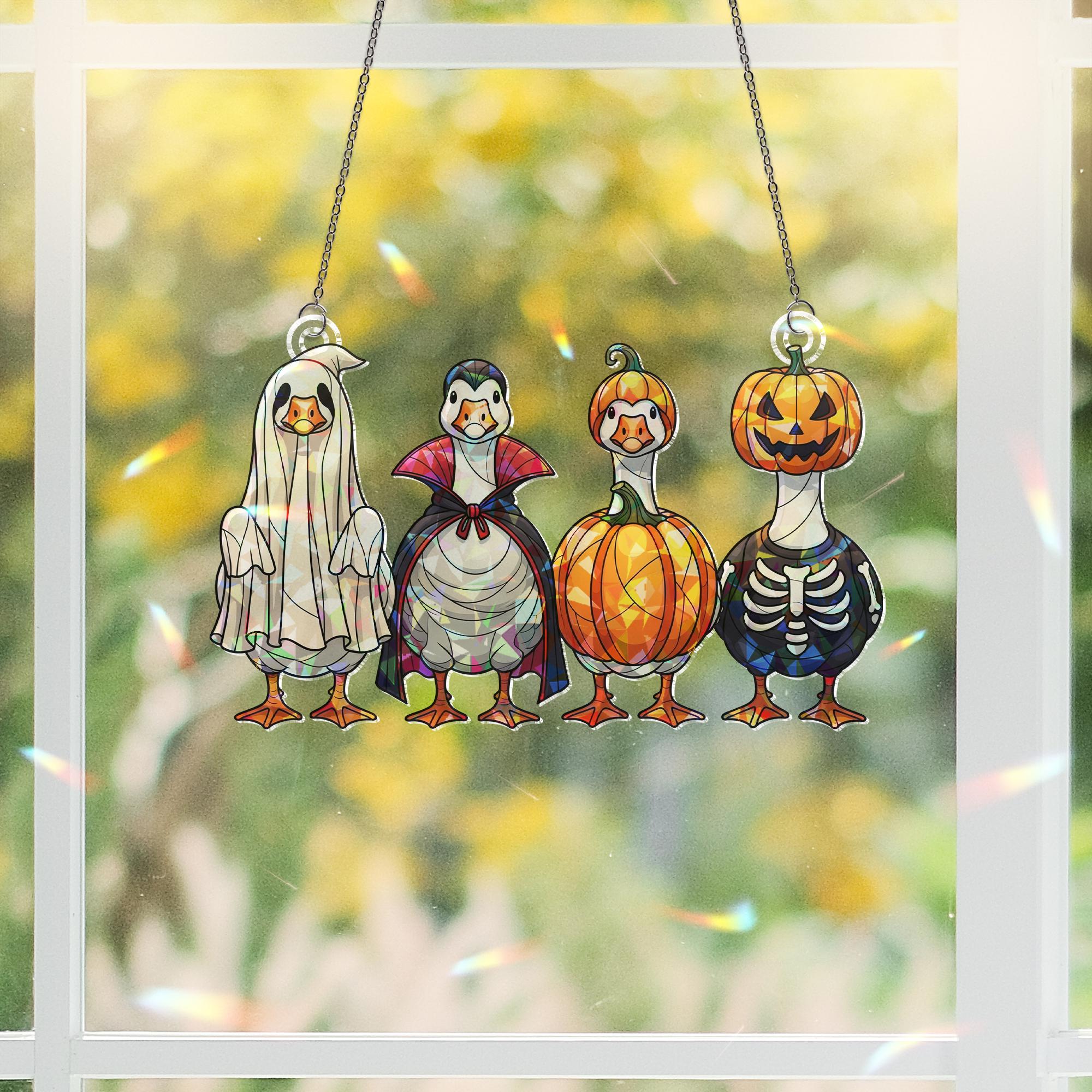 Halloween Goose Hologram Ornament – Cute Geese in Ghost, Pumpkin, Skeleton, Vampire Costumes – Funny Fall Window Charm, Halloween Home Decor