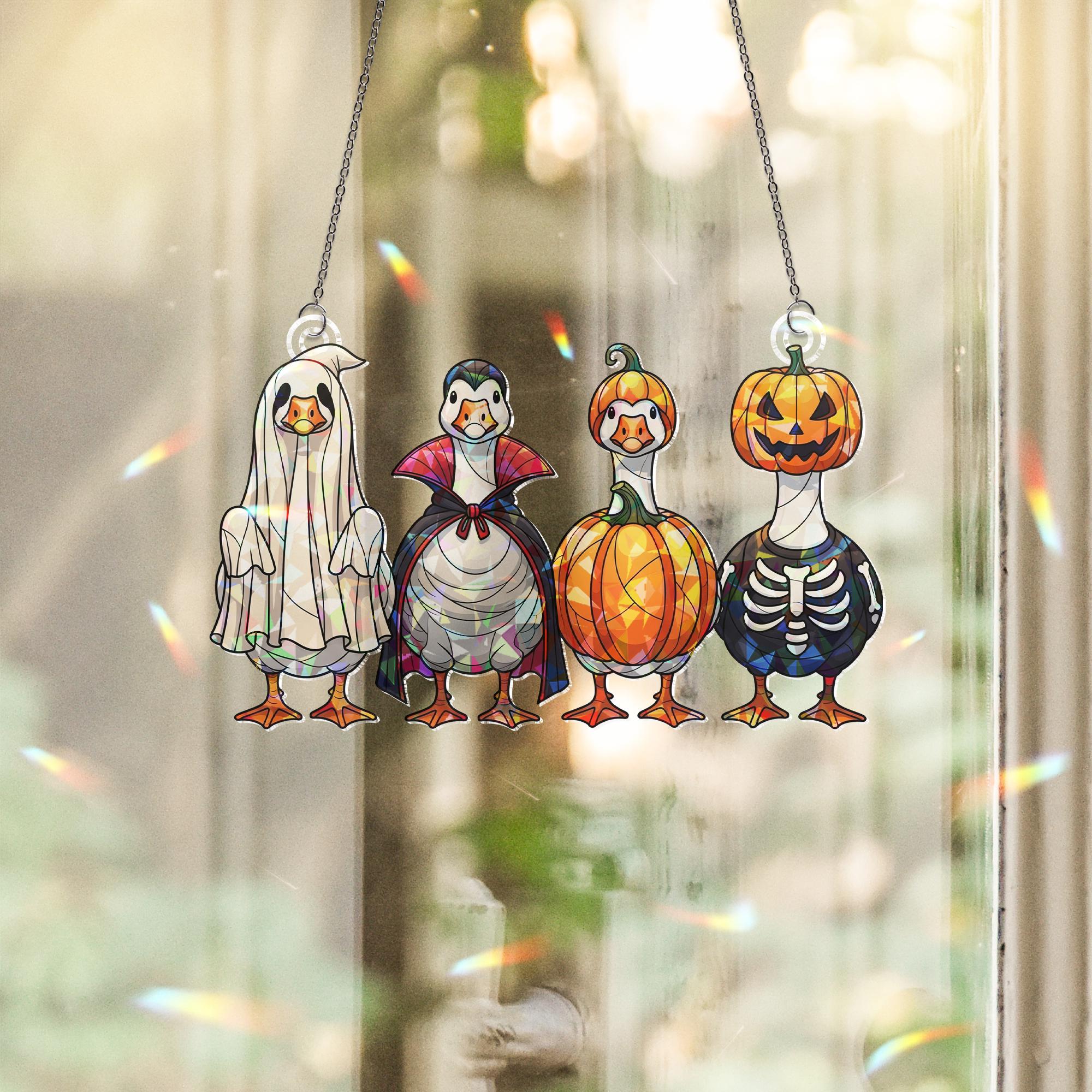 Halloween Goose Hologram Ornament – Cute Geese in Ghost, Pumpkin, Skeleton, Vampire Costumes – Funny Fall Window Charm, Halloween Home Decor