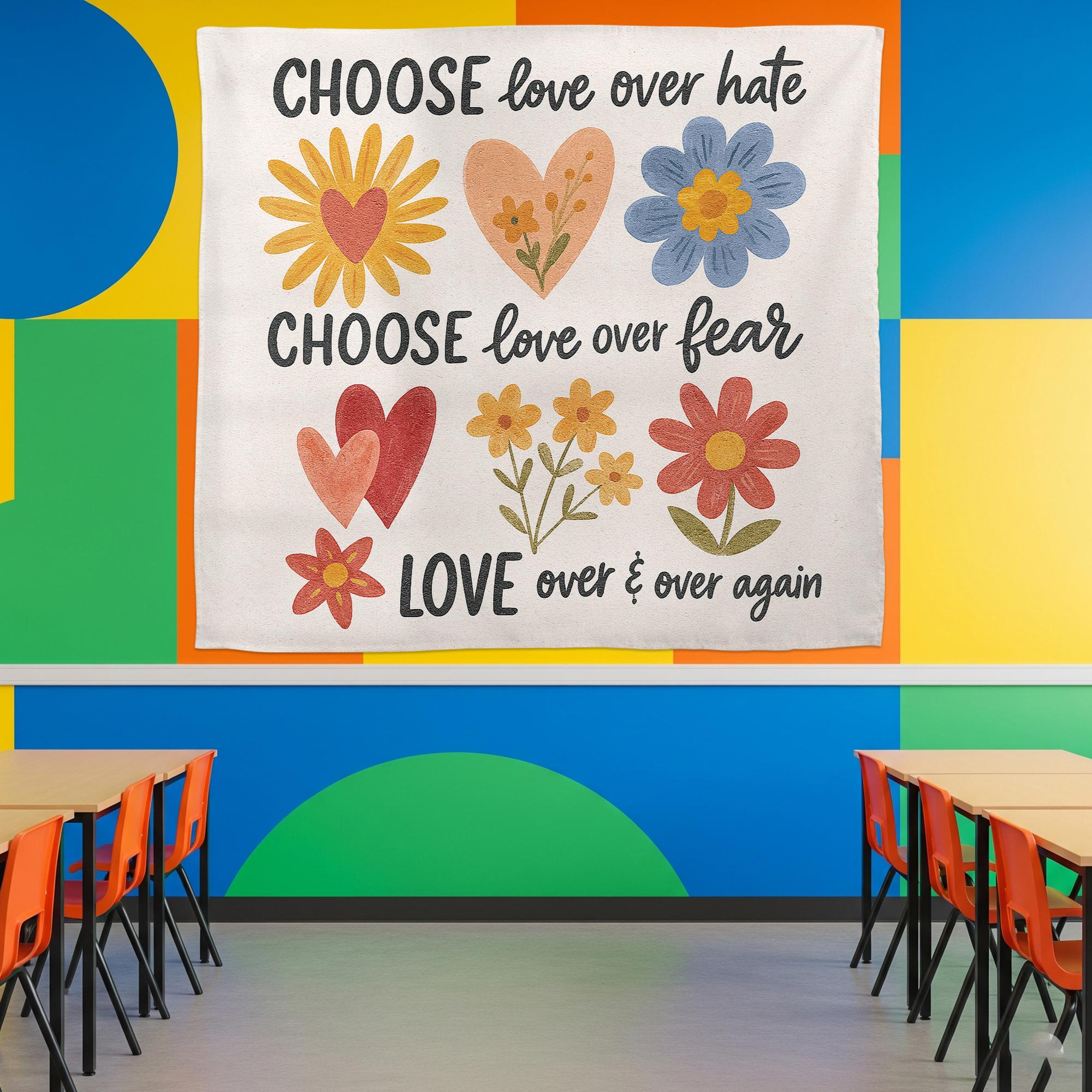 Classroom Wall Art Banner – Choose Love Over Hate Fear Quote – Positive Teacher Decor for Kids Room, School, or Counseling Office, School