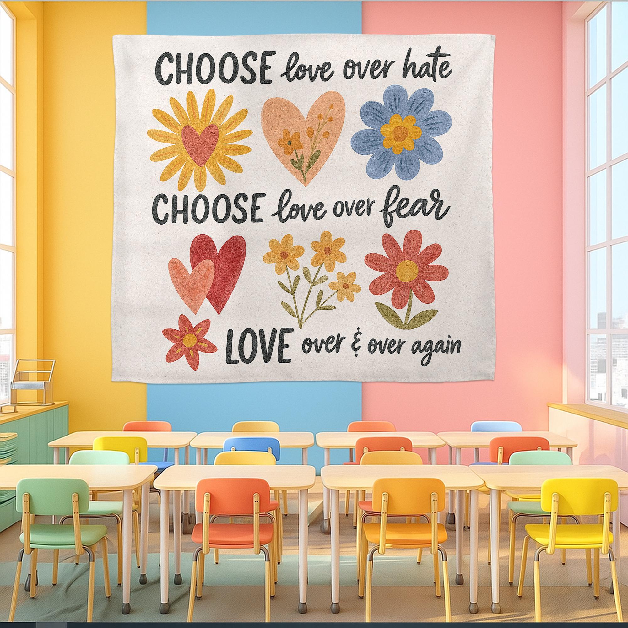Classroom Wall Art Banner – Choose Love Over Hate Fear Quote – Positive Teacher Decor for Kids Room, School, or Counseling Office, School