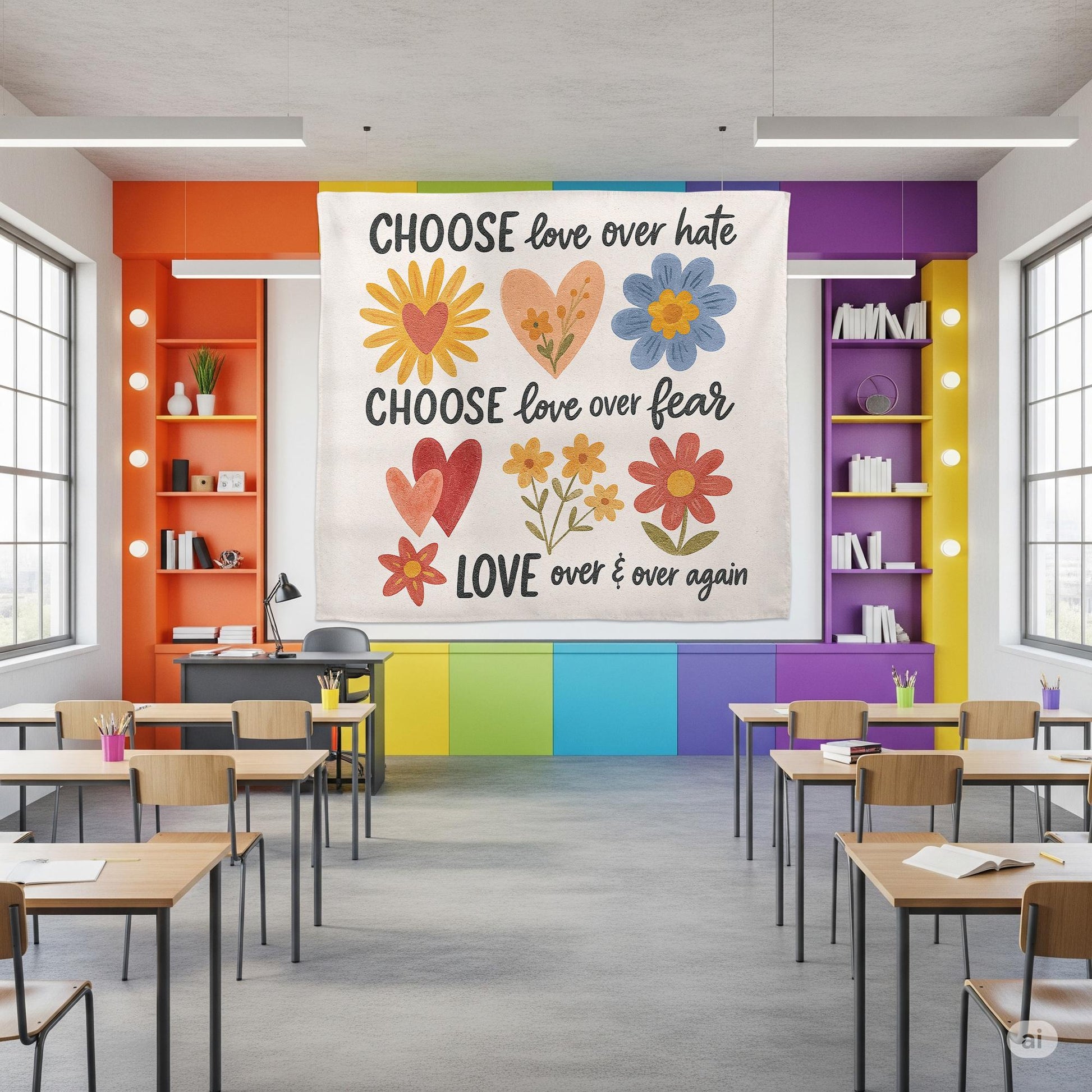 Classroom Wall Art Banner – Choose Love Over Hate Fear Quote – Positive Teacher Decor for Kids Room, School, or Counseling Office, School