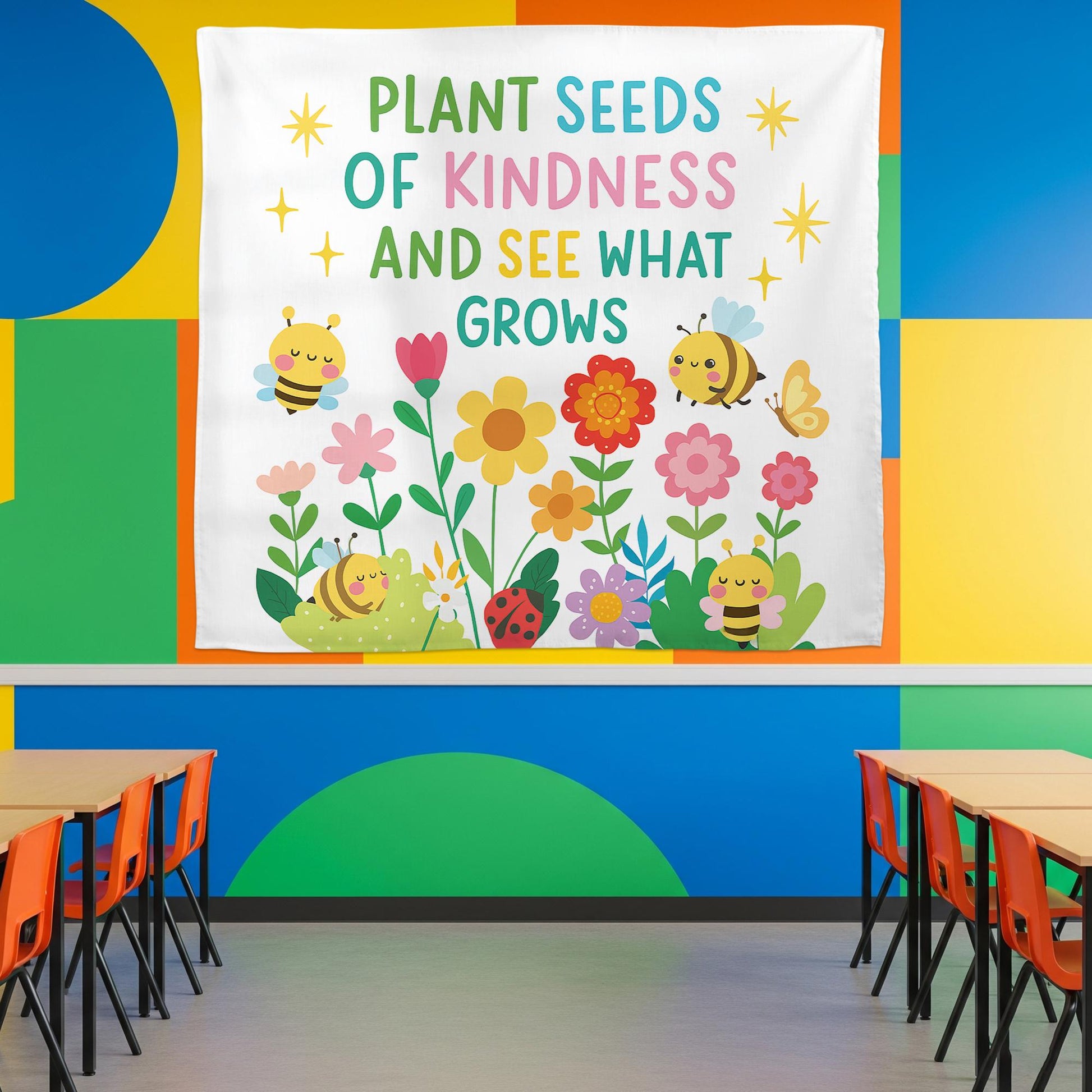 Plant Seeds of Kindness Classroom Wall Decor – Cute Bee and Flower Poster for Teachers, Kids Room, School or Counseling Office, School Art