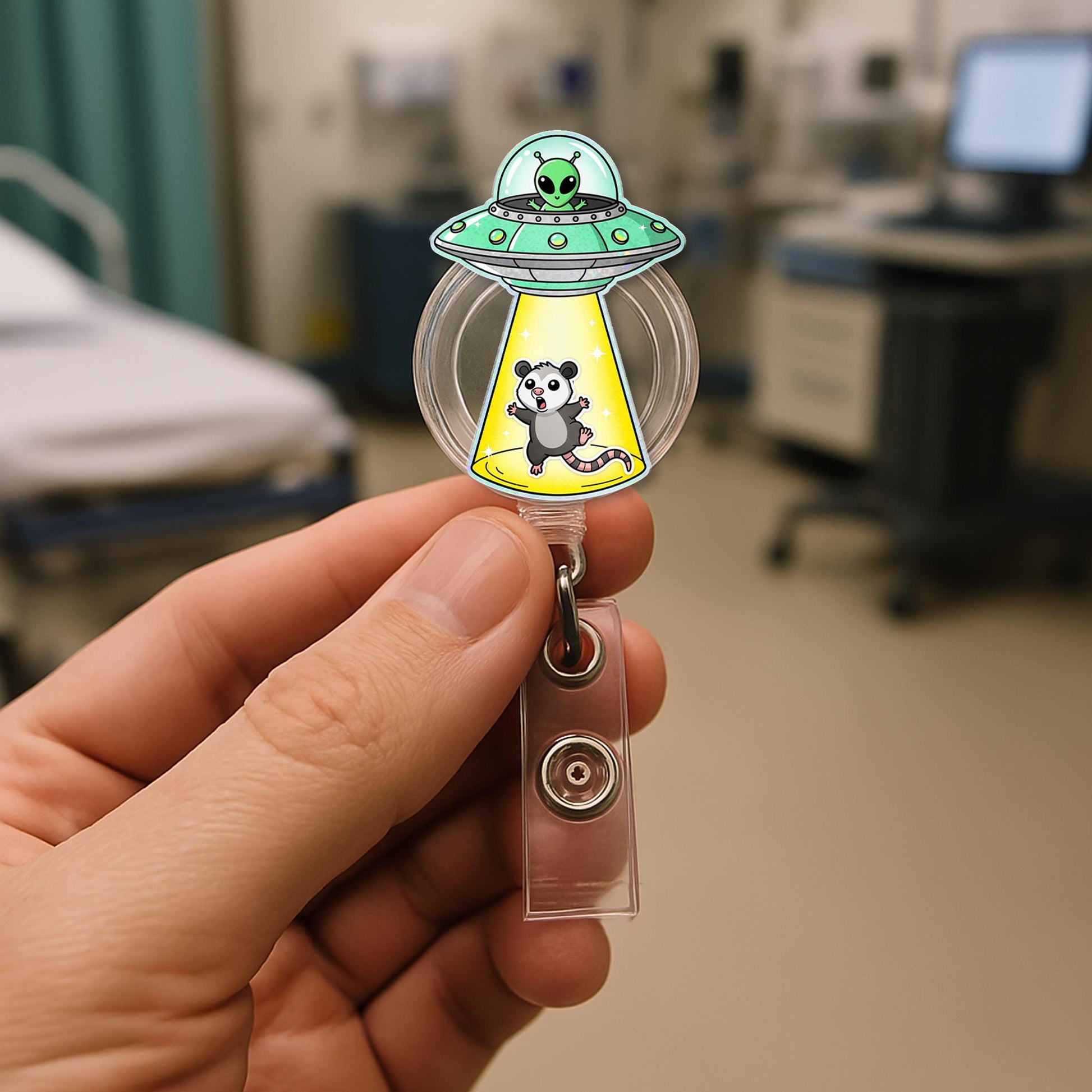 Alien Possum Badge Reel, Funny Space ID Holder, Cute Nurse Badge Clip, UFO Abduction Retractable ID, Vet Tech Gift, Quirky Office Badge