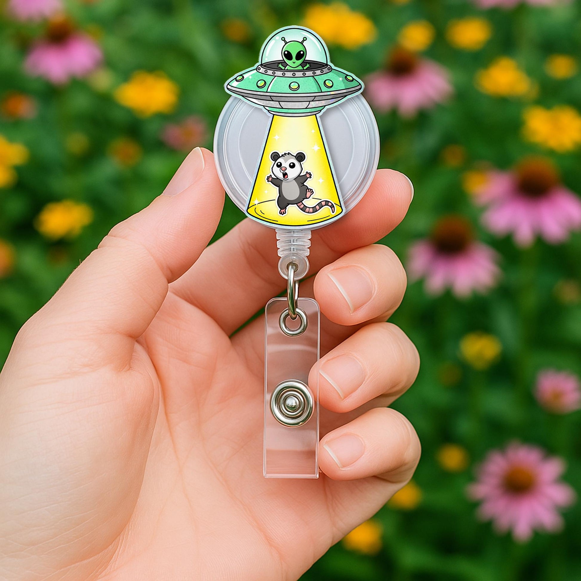 Alien Possum Badge Reel, Funny Space ID Holder, Cute Nurse Badge Clip, UFO Abduction Retractable ID, Vet Tech Gift, Quirky Office Badge