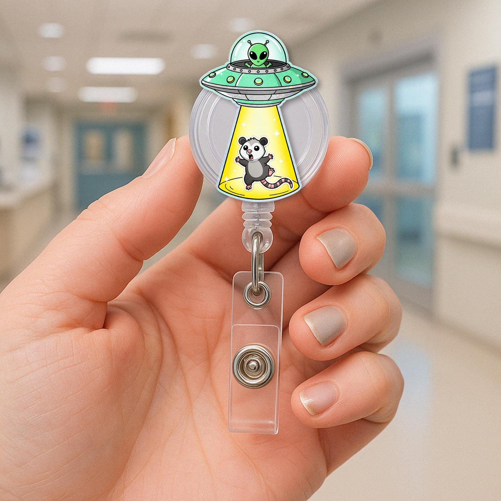 Alien Possum Badge Reel, Funny Space ID Holder, Cute Nurse Badge Clip, UFO Abduction Retractable ID, Vet Tech Gift, Quirky Office Badge