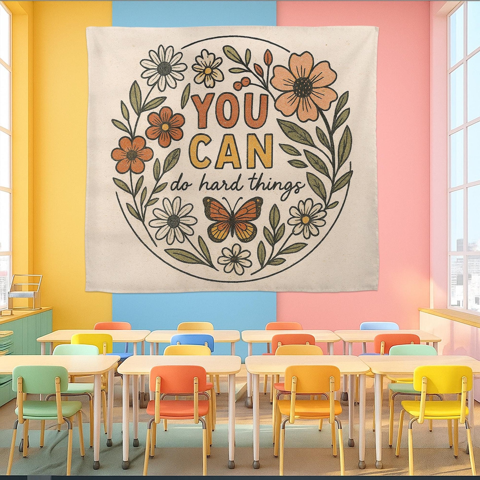 You Can Do Hard Things Classroom Wall Decor – Motivational Floral Poster for Teachers, Students, Kids Room or Counseling Office, School Art