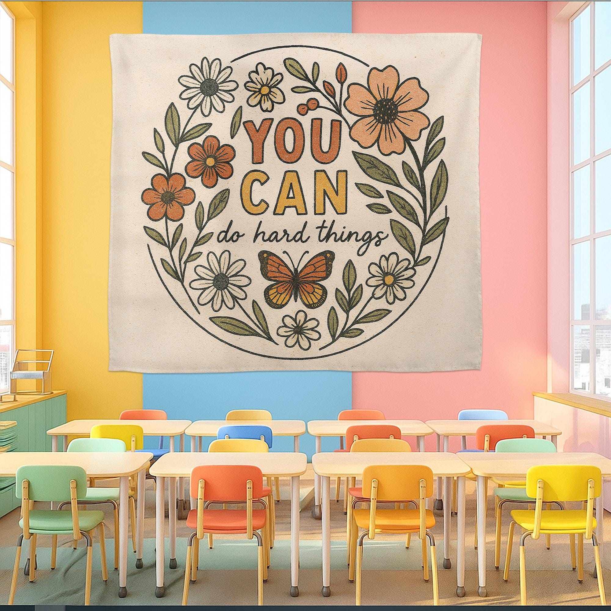 You Can Do Hard Things Classroom Wall Decor – Motivational Floral Poster for Teachers, Students, Kids Room or Counseling Office, School Art