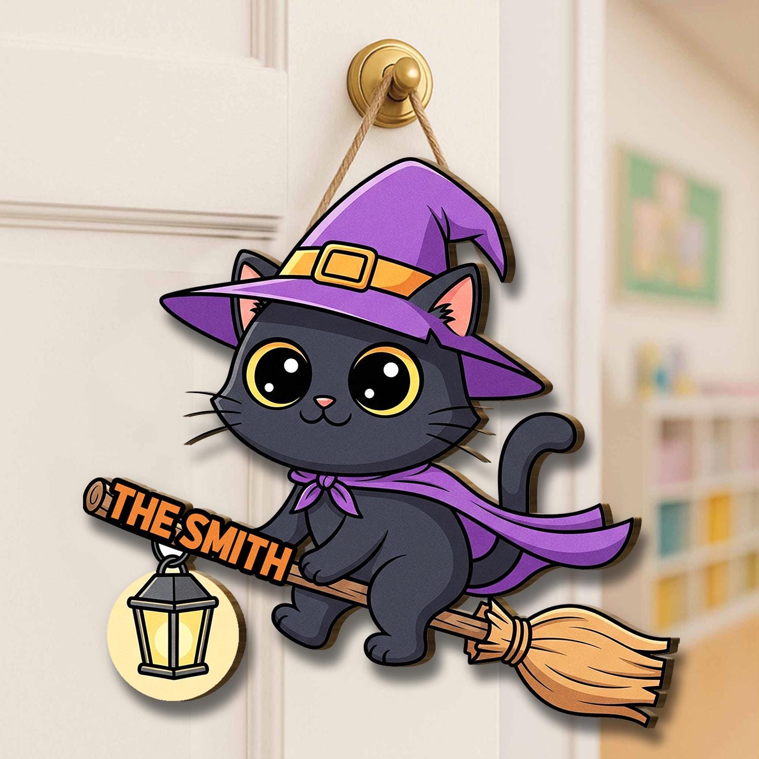 Cute Black Cat Halloween Door Hanger, Witch Cat on Broom with Lantern, Personalized Fall Decor Sign for Front Door, Halloween Door Hanger