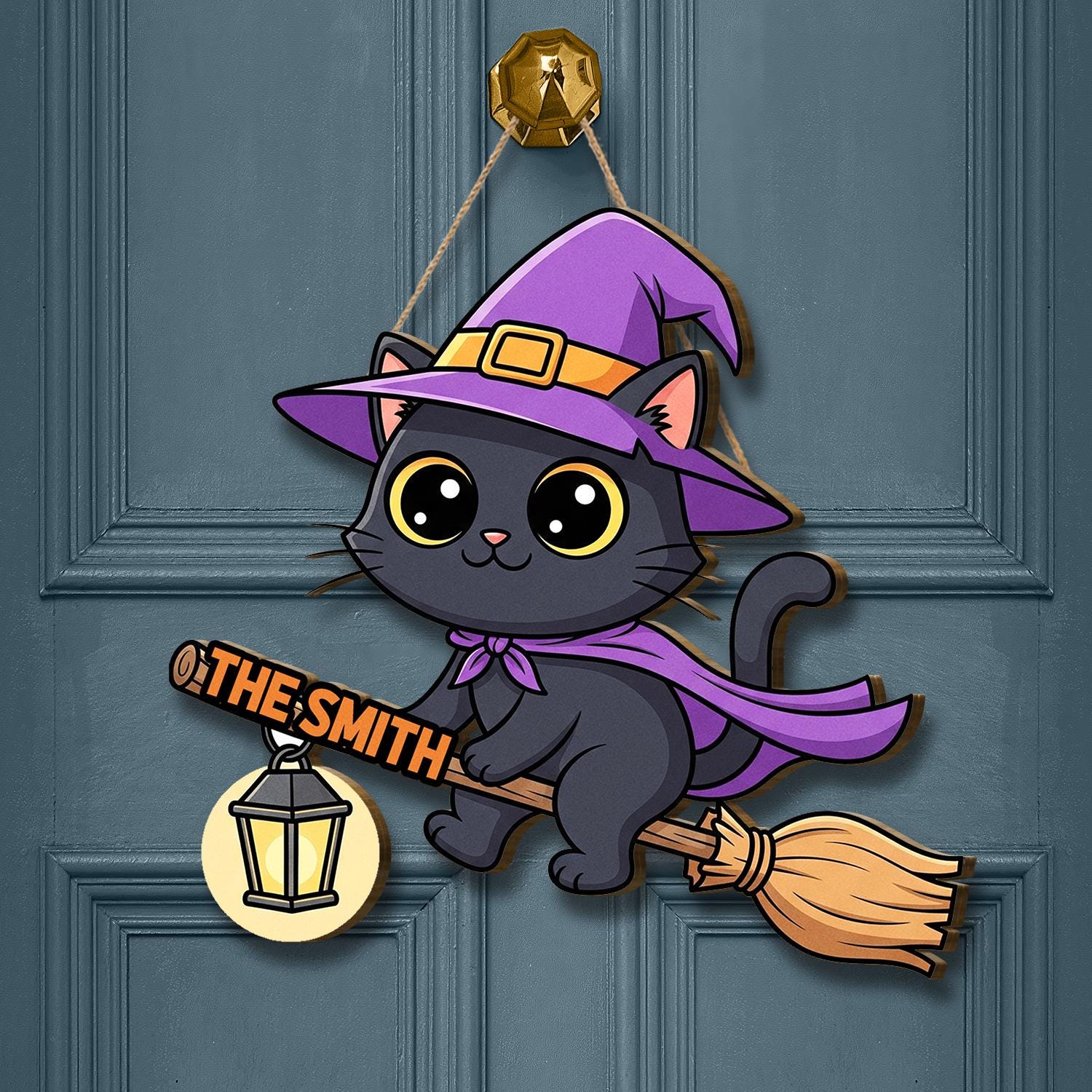 Cute Black Cat Halloween Door Hanger, Witch Cat on Broom with Lantern, Personalized Fall Decor Sign for Front Door, Halloween Door Hanger
