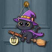 Cute Black Cat Halloween Door Hanger, Witch Cat on Broom with Lantern, Personalized Fall Decor Sign for Front Door, Halloween Door Hanger