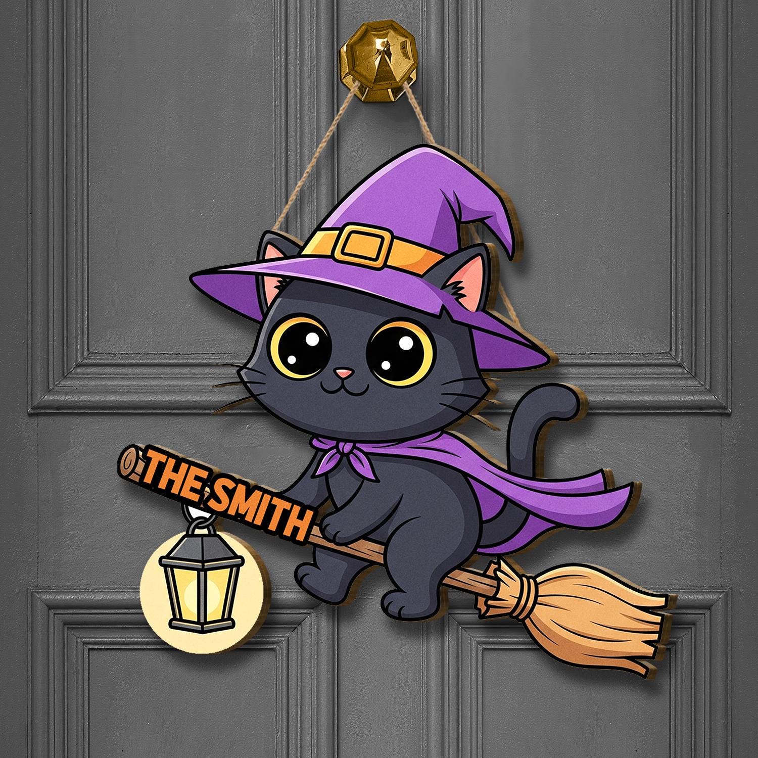 Cute Black Cat Halloween Door Hanger, Witch Cat on Broom with Lantern, Personalized Fall Decor Sign for Front Door, Halloween Door Hanger