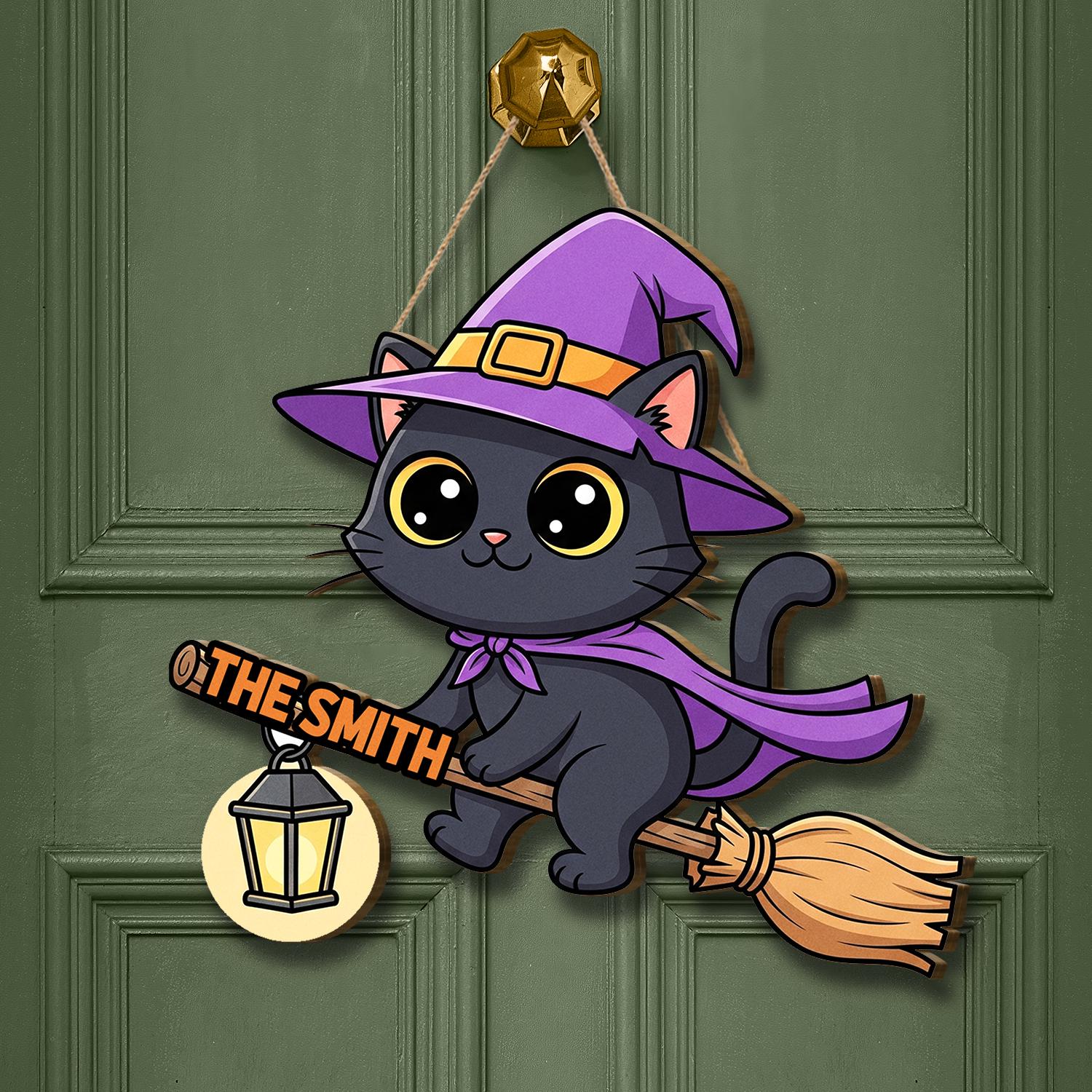 Cute Black Cat Halloween Door Hanger, Witch Cat on Broom with Lantern, Personalized Fall Decor Sign for Front Door, Halloween Door Hanger
