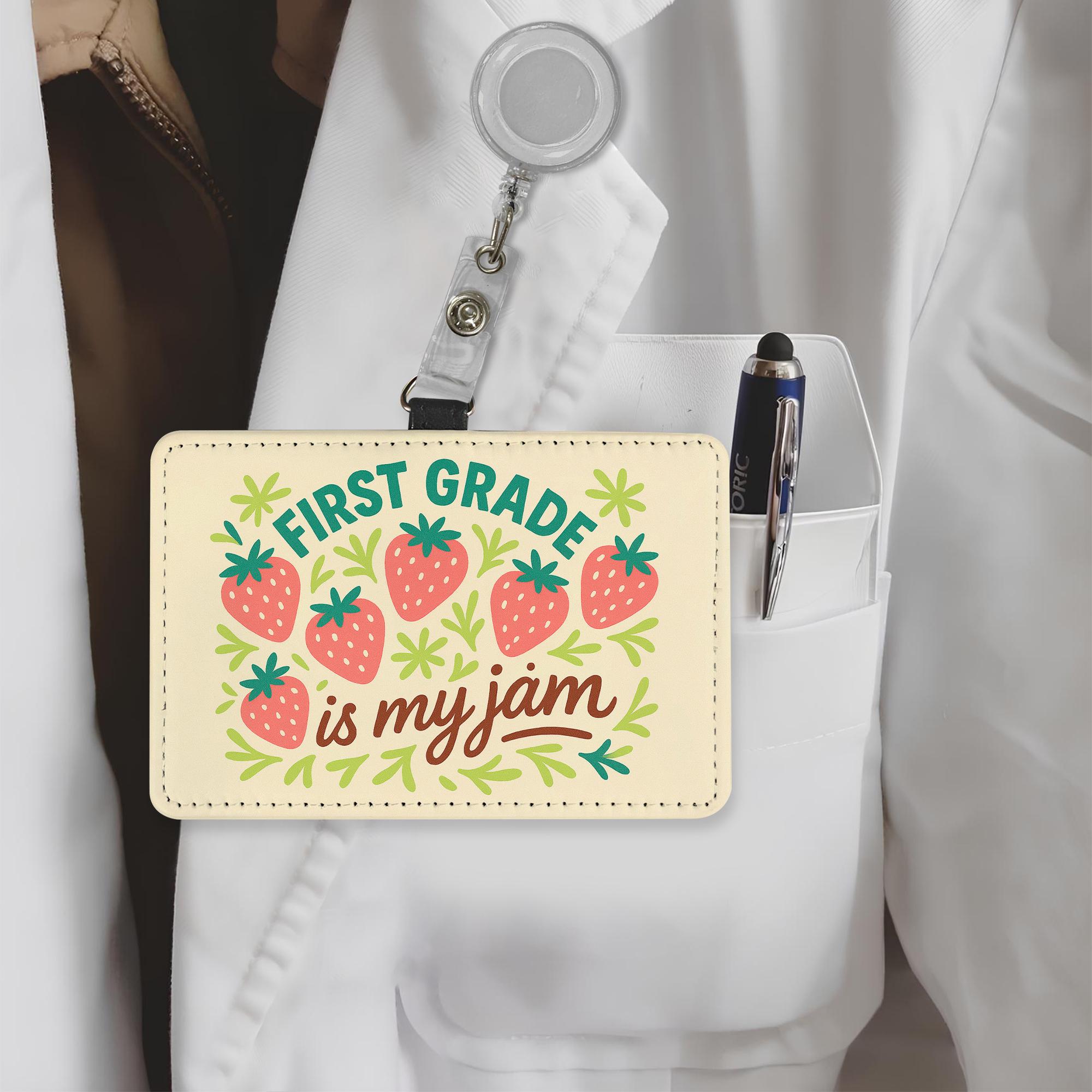 First Grade Is My Jam Badge Holder, Cute Teacher ID Holder, Strawberry Lanyard Card Case, Back to School Gift for Educators