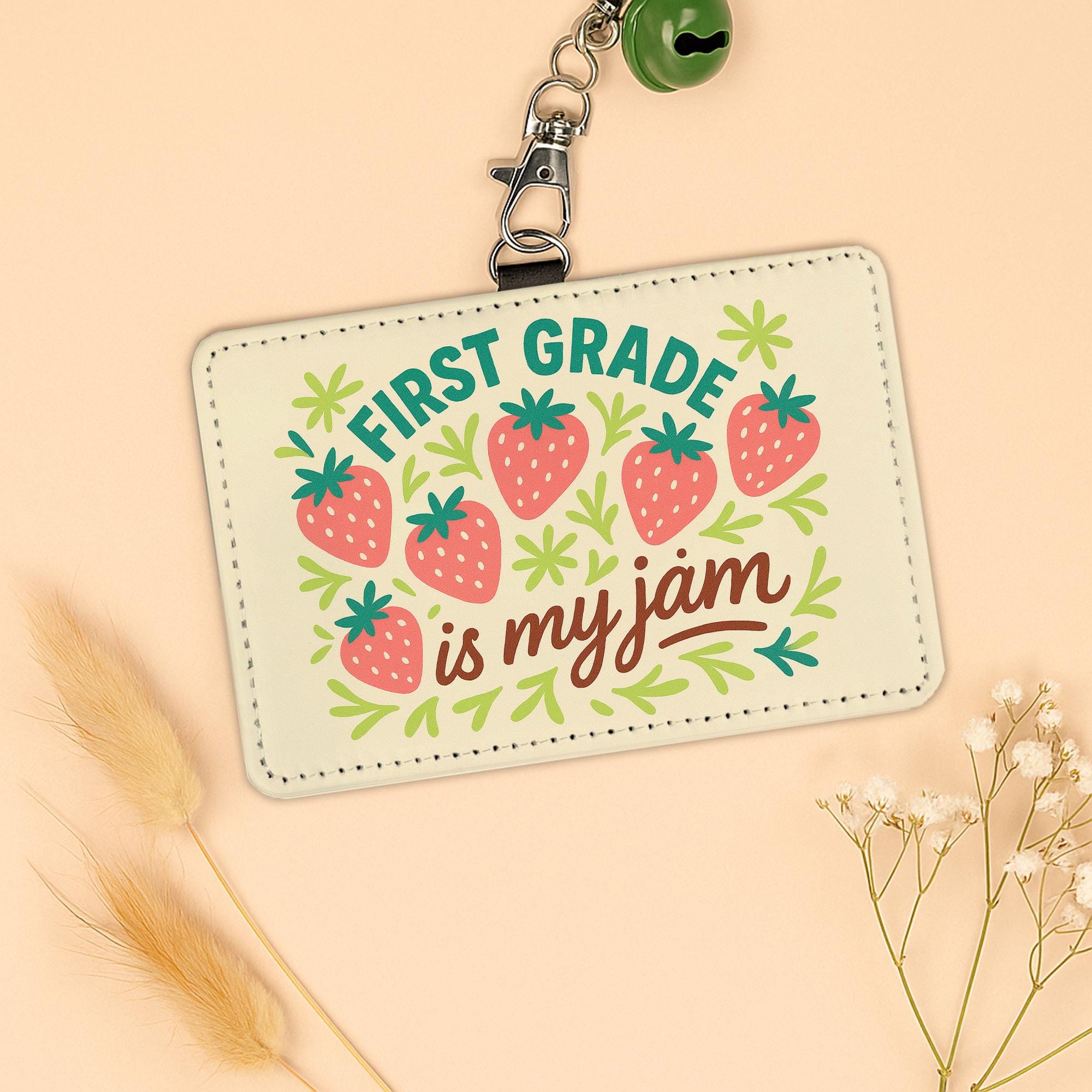 First Grade Is My Jam Badge Holder, Cute Teacher ID Holder, Strawberry Lanyard Card Case, Back to School Gift for Educators