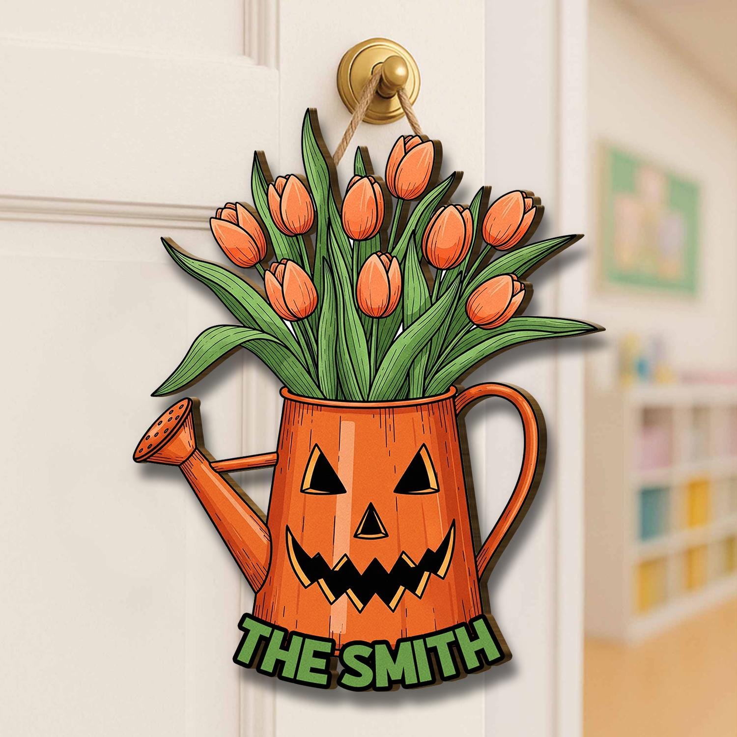 Personalized Halloween Watering Can Door Hanger, Pumpkin Face Tulip Sign, Fall Floral Front Door Decor, Custom Family Name Sign, Home Decor