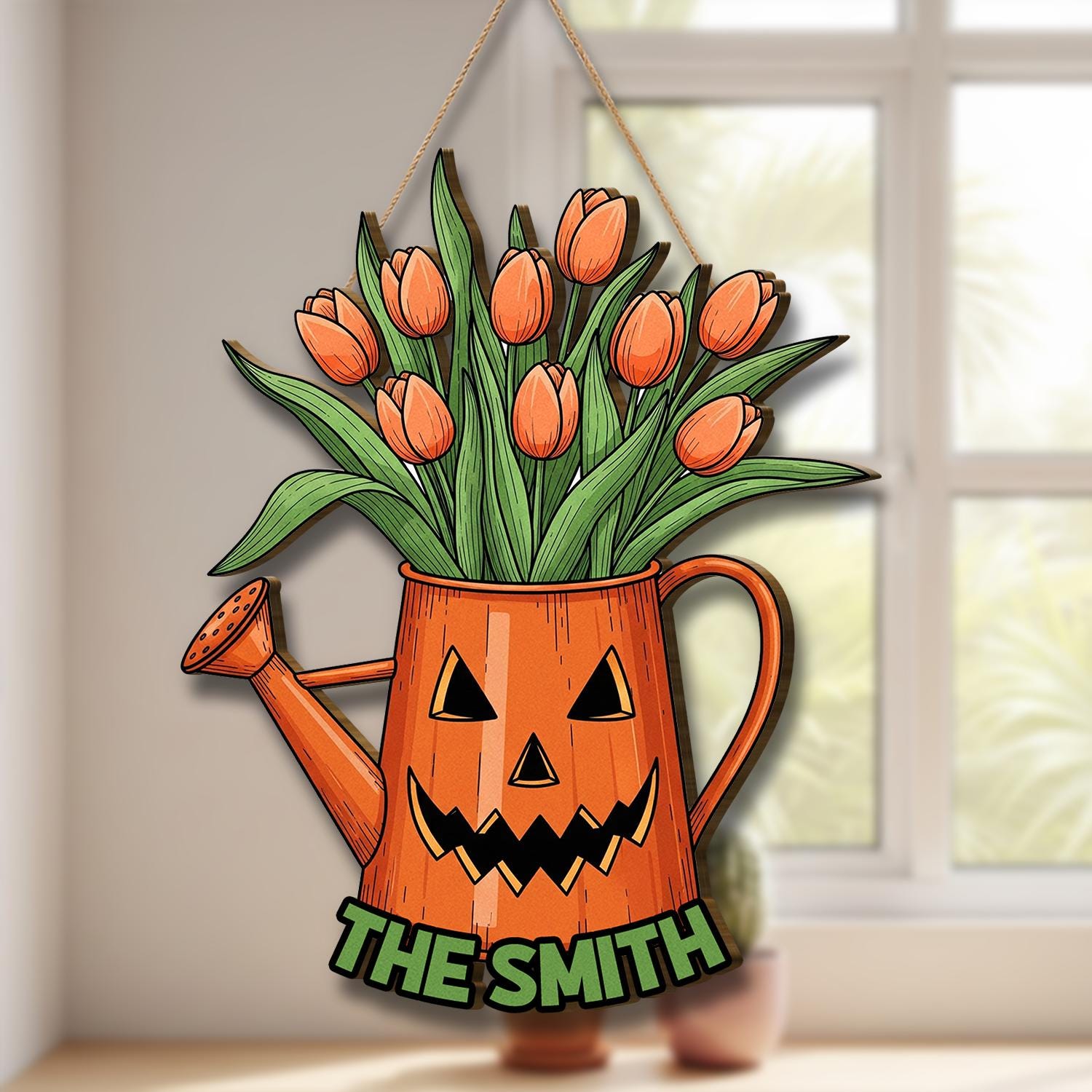 Personalized Halloween Watering Can Door Hanger, Pumpkin Face Tulip Sign, Fall Floral Front Door Decor, Custom Family Name Sign, Home Decor