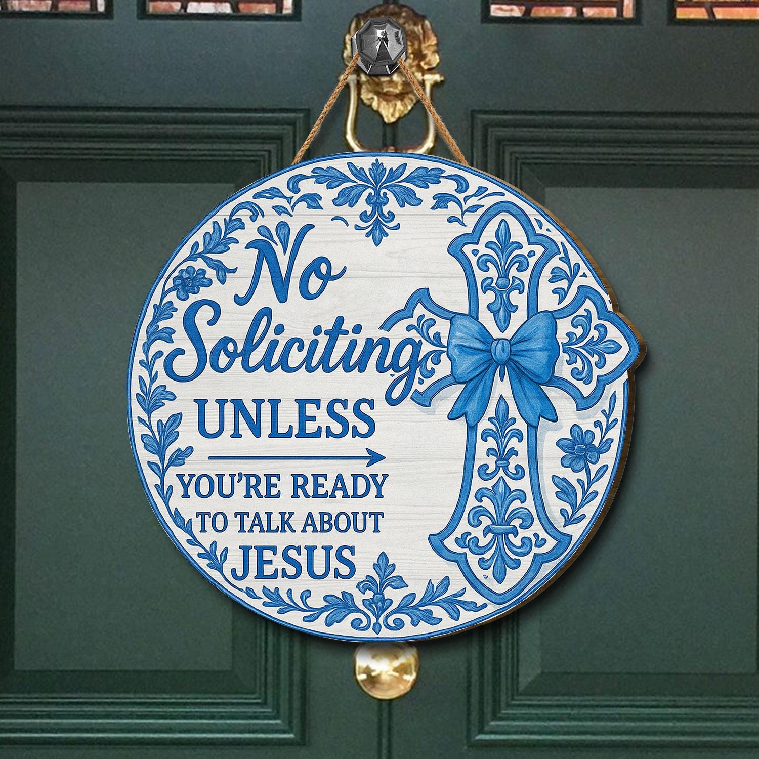 No Soliciting Sign Christian Decor - Chinoiserie Blue Cross Door Sign - Talk About Jesus Wooden Sign - Religious Front Porch Sign Gift