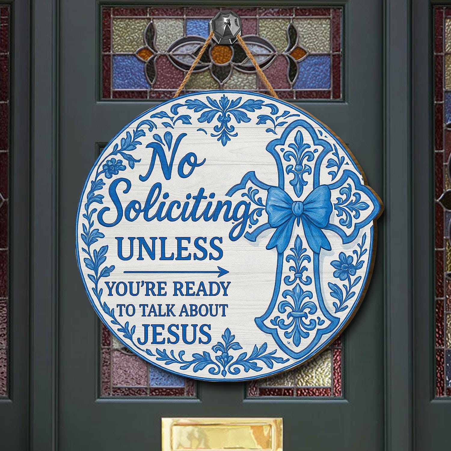 No Soliciting Sign Christian Decor - Chinoiserie Blue Cross Door Sign - Talk About Jesus Wooden Sign - Religious Front Porch Sign Gift