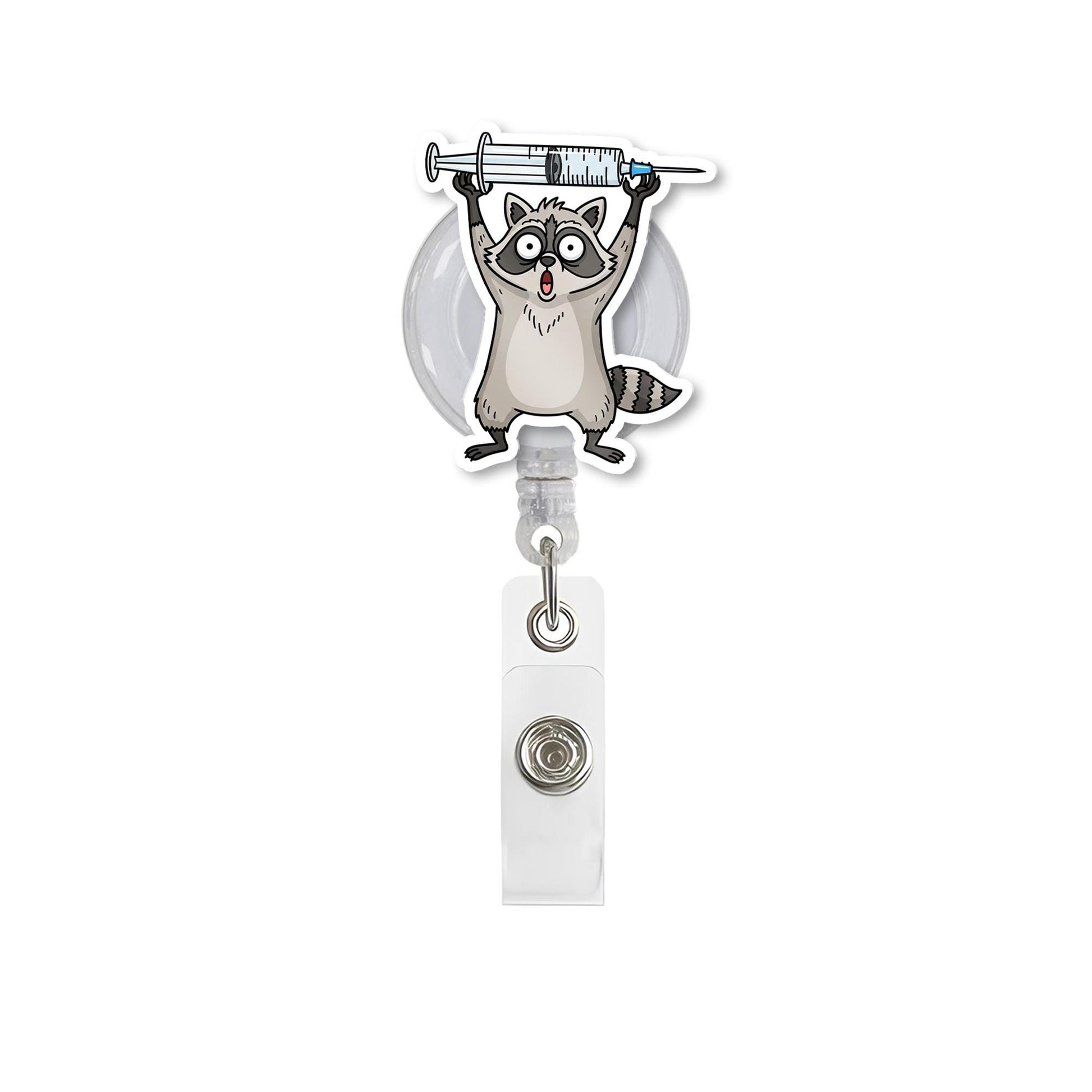 Funny Raccoon Badge Reel, Nurse ID Holder with Syringe, Cute Retractable Clip, Vet Tech Gift, Hospital Badge Accessory, RN Badge